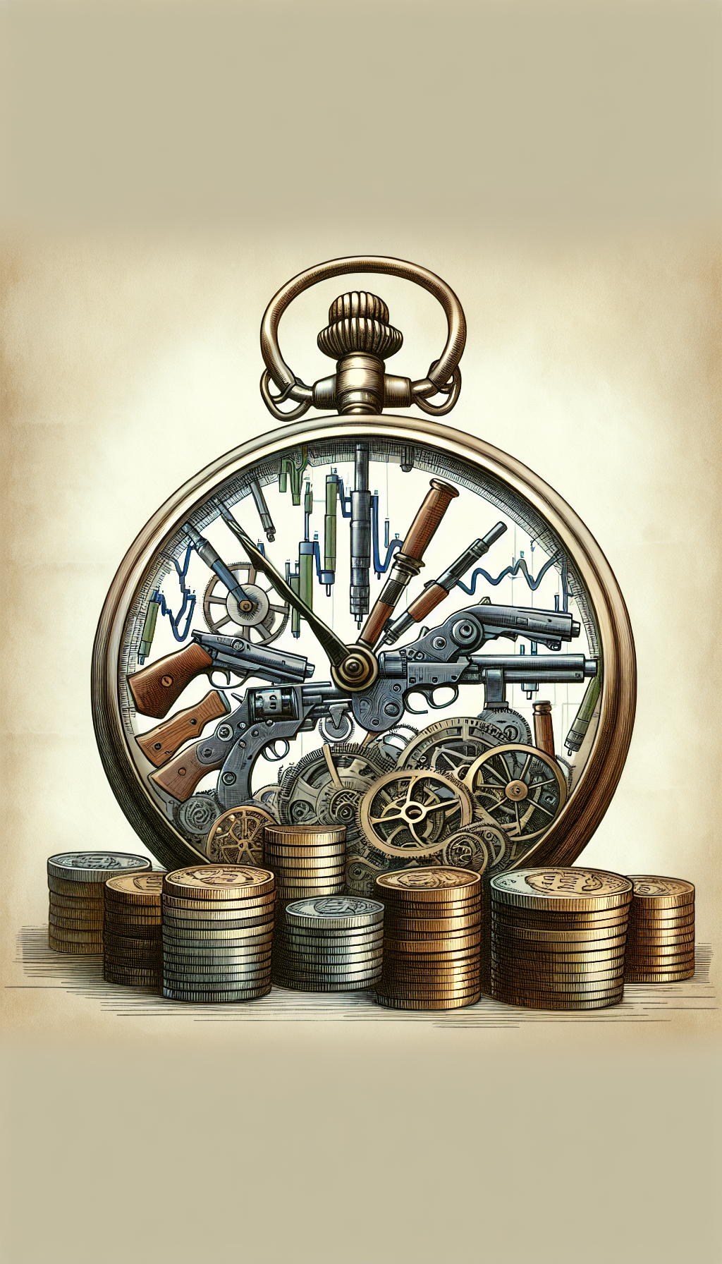 An antique pocket watch with its hands spinning rapidly rests on a stock market graph, with lines resembling the fluctuating value of antique guns. The gears of the watch morph into coin stacks of various heights. Each coin features engravings of different eras' antique firearms, symbolizing their changing values over time. The drawing style transitions from precise, mechanical linework to looser, watercolor-like shading.