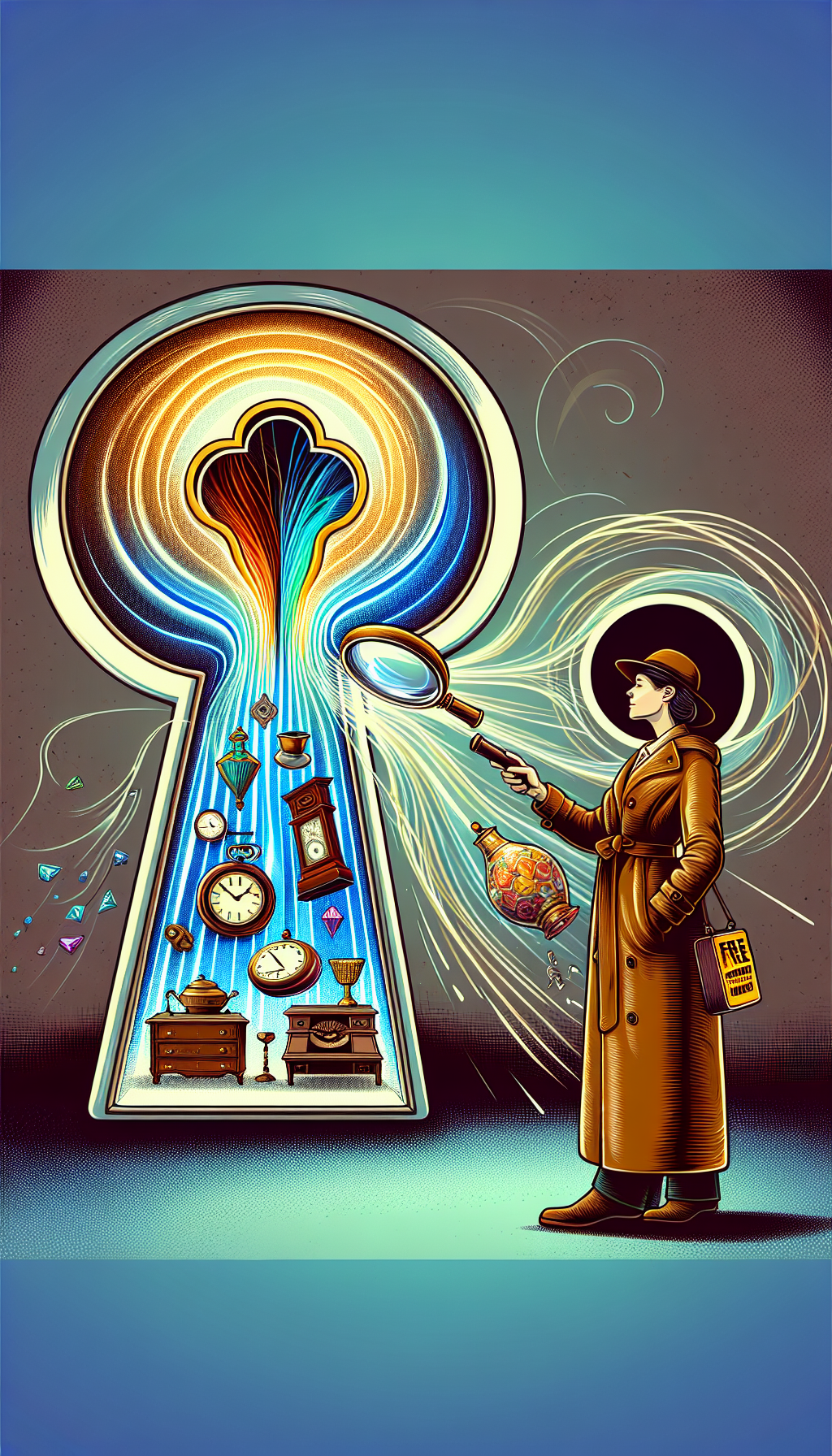 An illustration depicts a whimsical, oversized antique keyhole with vibrant, transparent waves emanating from it, symbolizing the signal reach. Various antique items (clock, vase, jewelry) float within the waves, being drawn towards a magnifying glass held by a detective-like figure with a badge stating "Free Appraisals". This signals the search and discovery of expert appraisers nearby.