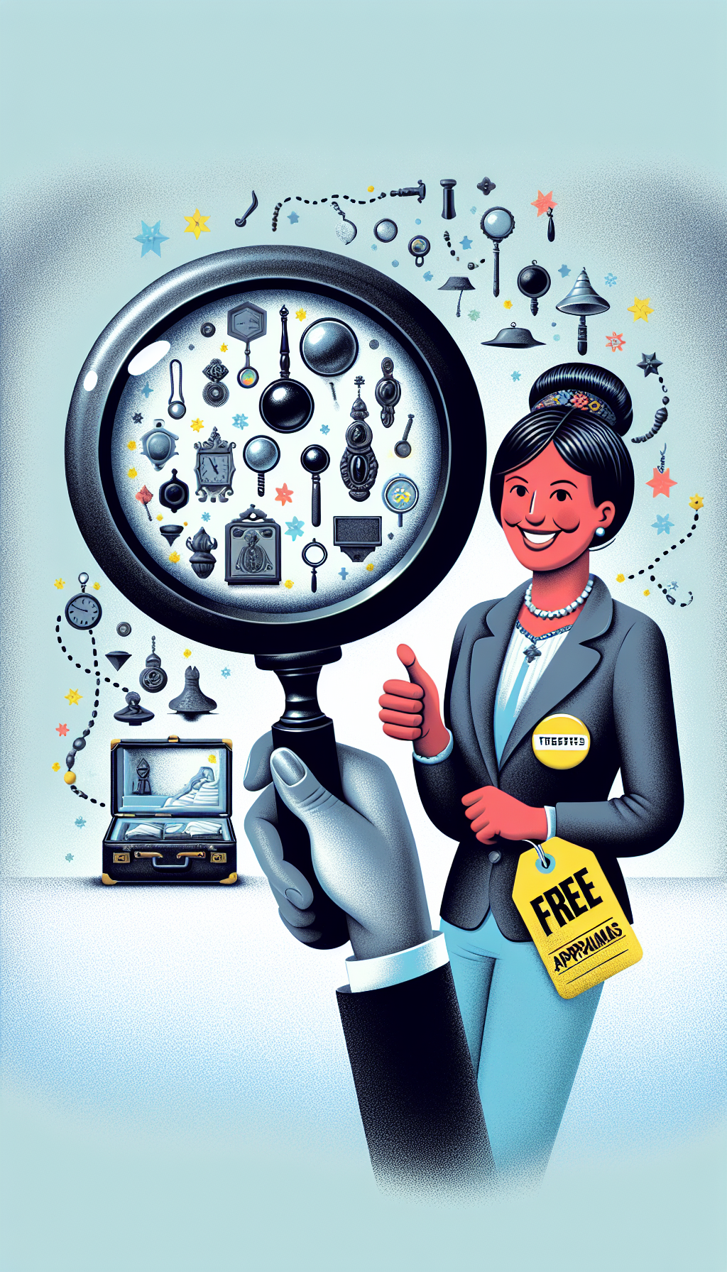 A whimsical illustration showcases a magnifying glass revealing diverse antique items transitioning from grayscale to vibrant color, symbolizing the transformation from 'trinket' to 'treasure'. Nestled in the reflection, a friendly appraiser with a badge marked 'Free Appraisals' gives a thumbs-up, with a dotted map line leading to their nearby location, underscoring accessibility and value identification.