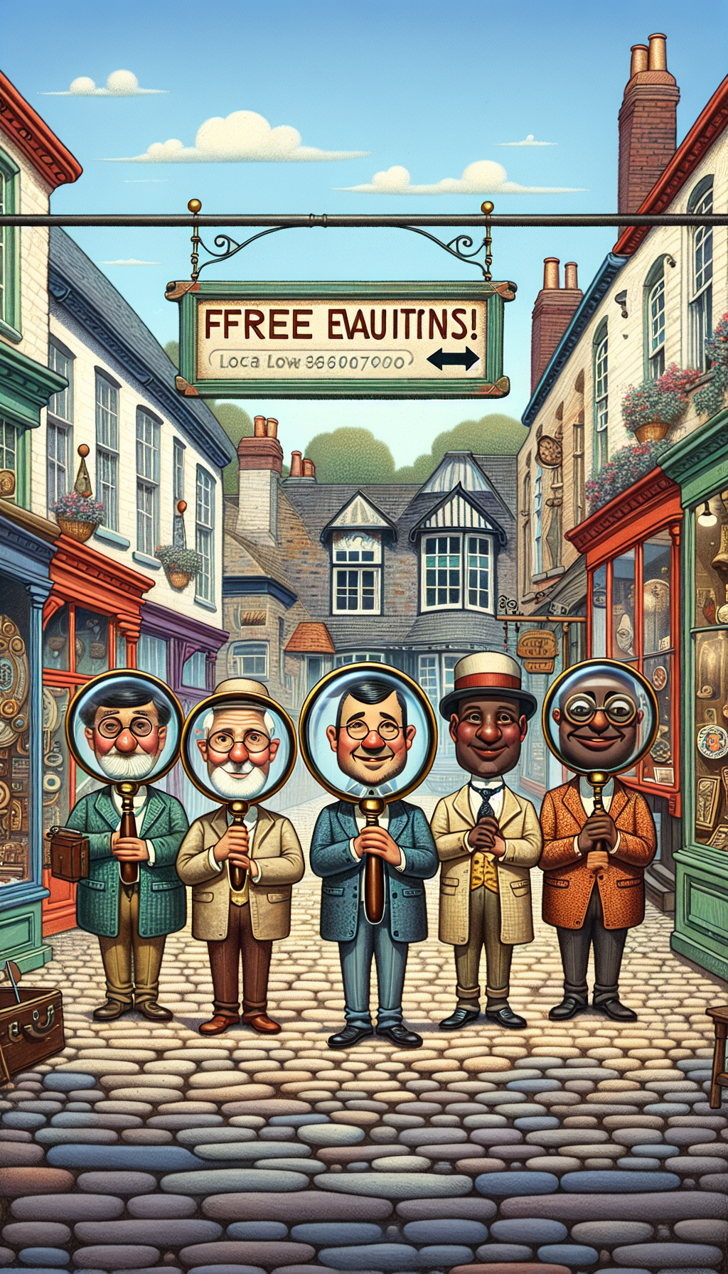 A whimsical illustration featuring a quaint, cobblestone street lined with colorful, vintage storefronts, each displaying a unique antique item. In the foreground, a friendly group of caricatured expert appraisers with oversized magnifying glasses warmly beckons passersby. A sign hangs above them, offering 'Free Evaluations!' with an arrow pointing towards the smiling experts, subtly forming a search icon to suggest local accessibility.