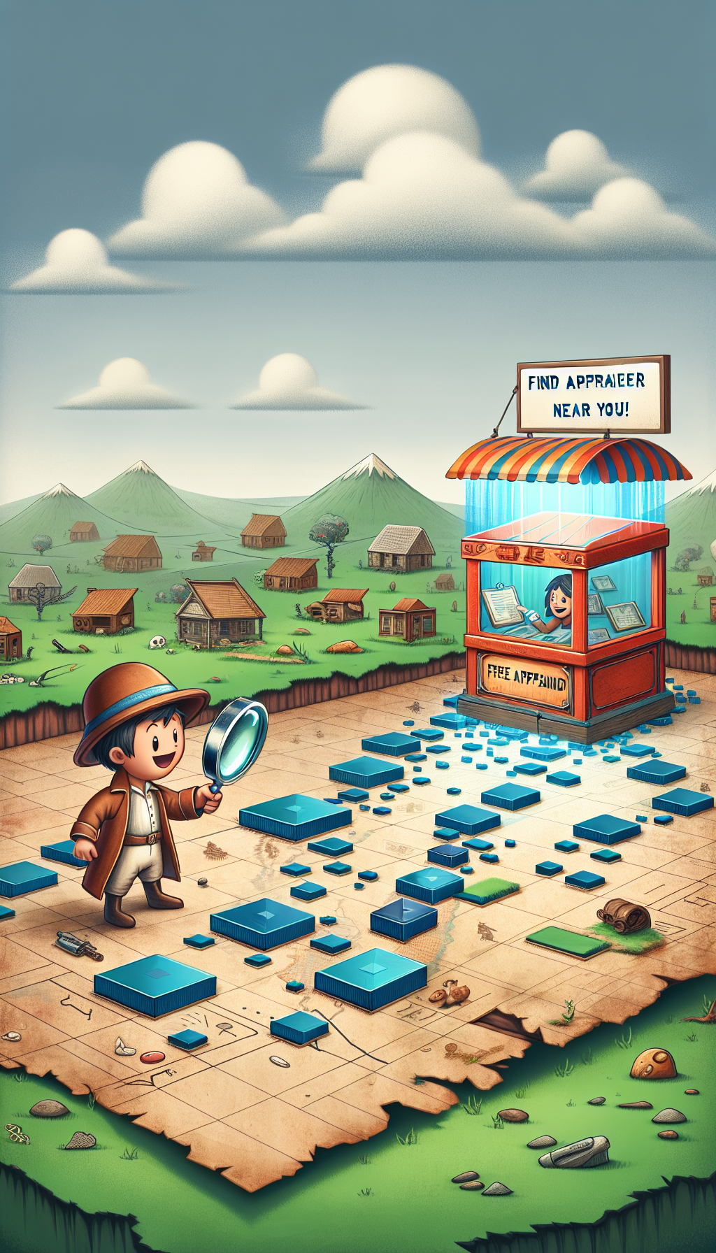 An eager character, magnifying glass in hand, stands amidst a whimsical treasure map that morphs into a digital interface on one end. Icons of antique items trail towards a glowing, oversized "Free Appraisal" booth manned by a friendly appraiser, with a speech bubble "Find Appraisers Near You!" adding a modern twist to the quest for value.