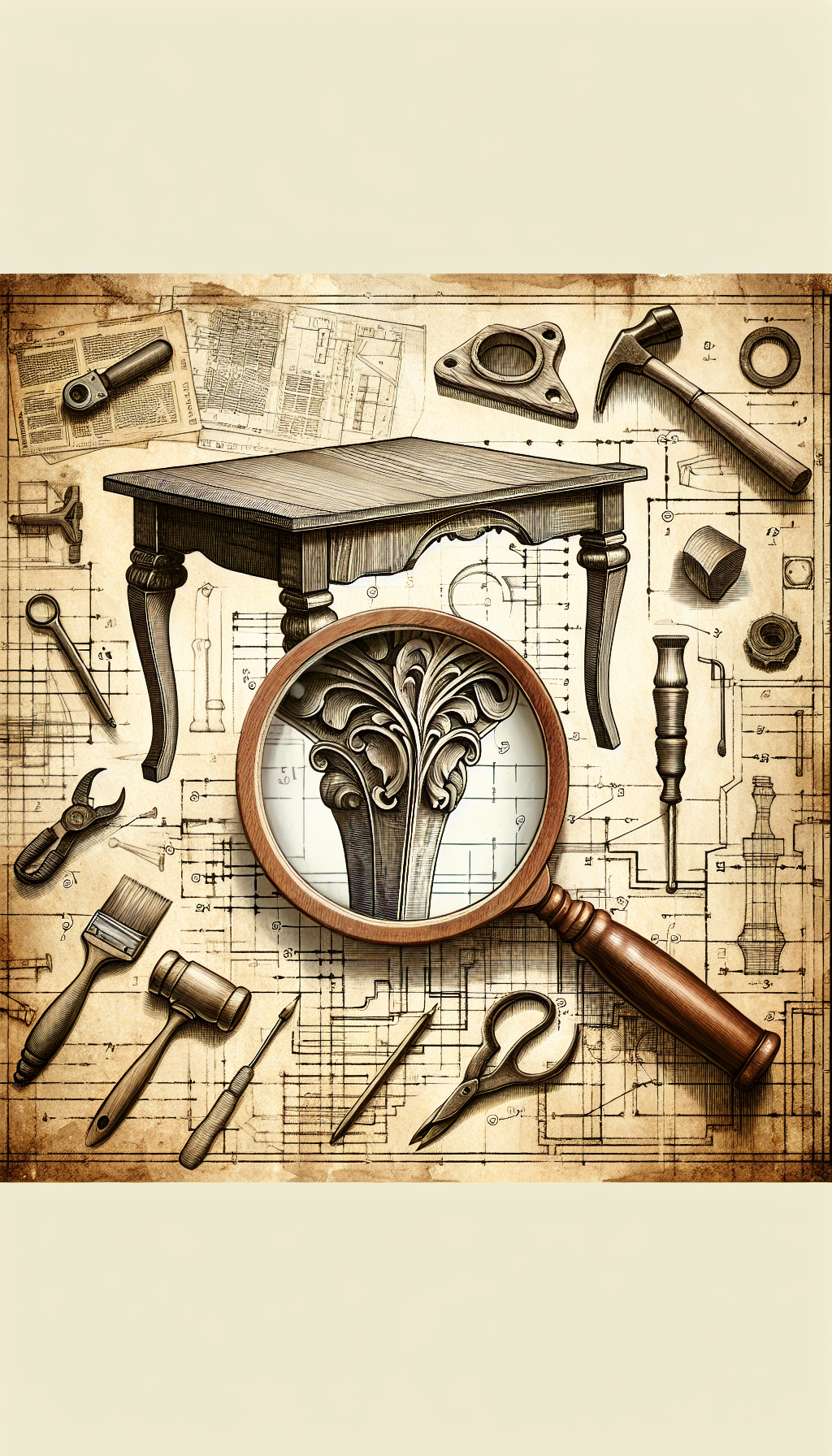 An illustration depicts a magnifying glass hovering over the intricately carved leg of an antique drop leaf table, with faded blueprints and tools in the background. Inside the magnifying lens, detailed grain patterns, dovetail joints, and patina swatches representing age clues contrast sharply, as the styles within the lens shift from realistic to impressionistic to denote different craftsmanship eras.