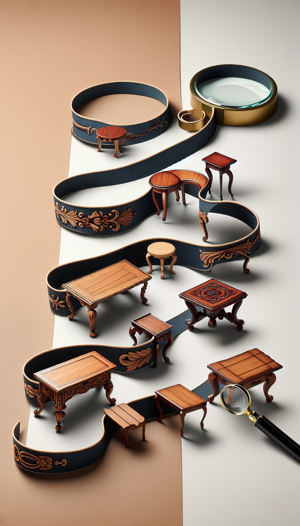 An artistic time-ribbon unfurls, presenting an array of distinct drop-leaf table miniatures, each embodying key design features from different eras such as Baroque curves, Victorian ornamentation, and sleek Mid-century lines. The ribbon twists, showcasing each style's unique leg and leaf mechanisms, while a monocled magnifying glass hovers over, symbolizing the scrutiny needed for identification.