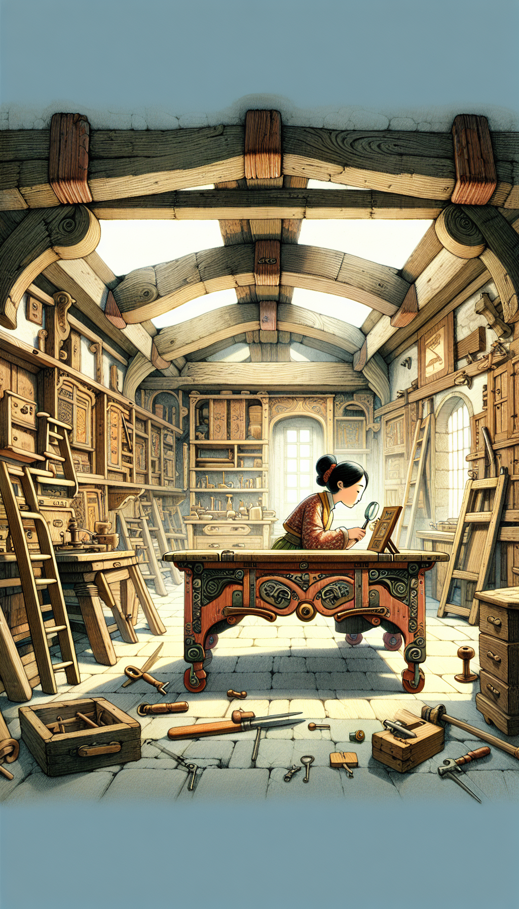 An illustration depicts a whimsical cross-section of a quaint artisan's workshop, where joints and fixtures from various eras form the walls and ceiling. In the center, a character, both detective and builder, examines an antique drop leaf table with a magnifying glass, revealing the unique hinges and woodwork signatures, contrasting modern techniques around it in a playful mix of styles.