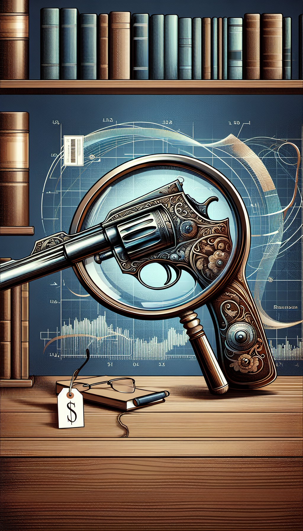 An illustration showcasing a magnifying glass focused on the intricate details of an ornate antique gun, with a pricing tag attached, and in the background, a shelf with books labeled 'Appraisal Tips' and 'Collector's Guide'. The gun's surface reflects data charts representing fluctuating market values, and the magnifying glass signifies the precision needed in appraisal.