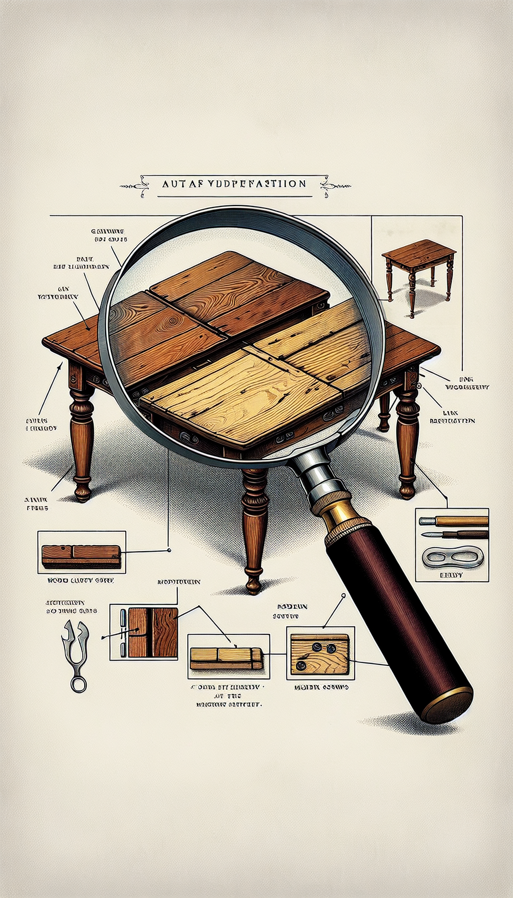 An illustration of a magnifying glass focusing on a drop leaf table, half authentic and half a reproduction, with subtle details emphasized such as wood grains, patina, and joint styles. The glass reveals labels like "genuine 18th-century joinery" on the authentic side, and "modern screws" on the reproduction, helping to visually summarize verification tips for antique authenticity.