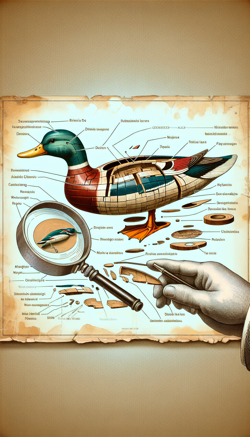 An illustration displays a magnifying glass hovering over a classic wooden duck decoy, which fragments into an exploded view showing layers of historic paint, maker's marks, and weathering patterns, each labeled with identifying characteristics. This vividly combines line art for the decoy details with a watercolor background exuding an antique vibe, embodying the fusion of art and detective work in identification.