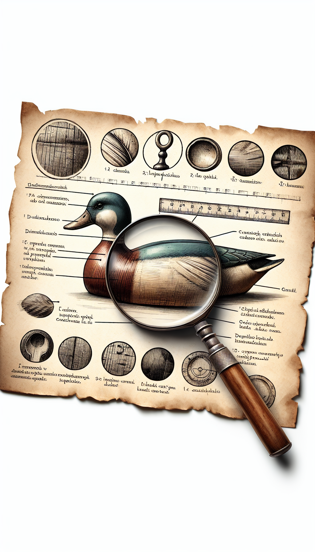 An illustration showcases a magnifying glass hovering over a vintage duck decoy, with close-up insets revealing textures of weathered paint, dents, and wood grain nuances—each highlighted with sketchy, watercolor, and photorealistic styles. Beneath, a faded ruler measures age lines, symbolizing the art of identification, and an aged parchment in the background lists key patina features for authenticity.