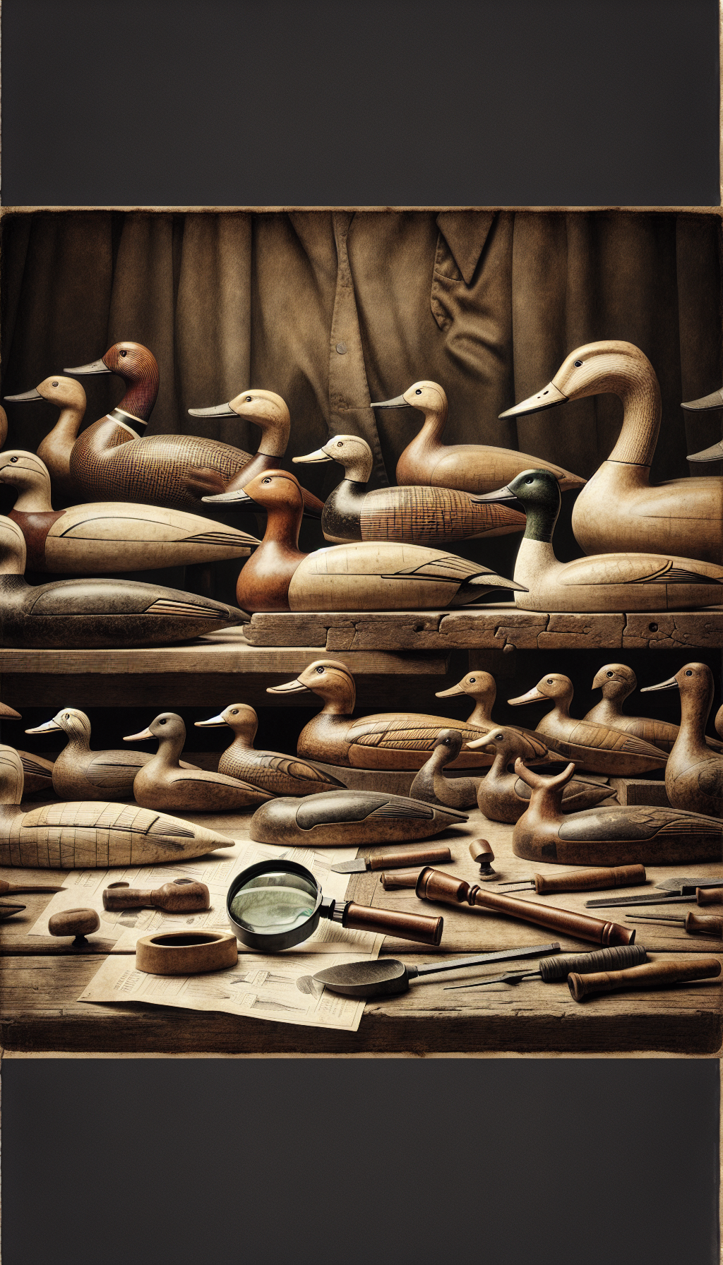 A vivid tableau showcases a selective array of antique duck decoys lined up on a vintage workbench. Each decoy, subtly branded with the iconic signature of its craftsman, is set against a magnifying glass hovering above, revealing telltale carving marks and patinas. This montage, executed in varying artistic styles from realism to impressionism, encapsulates the essence of historic decoy artistry and identification.