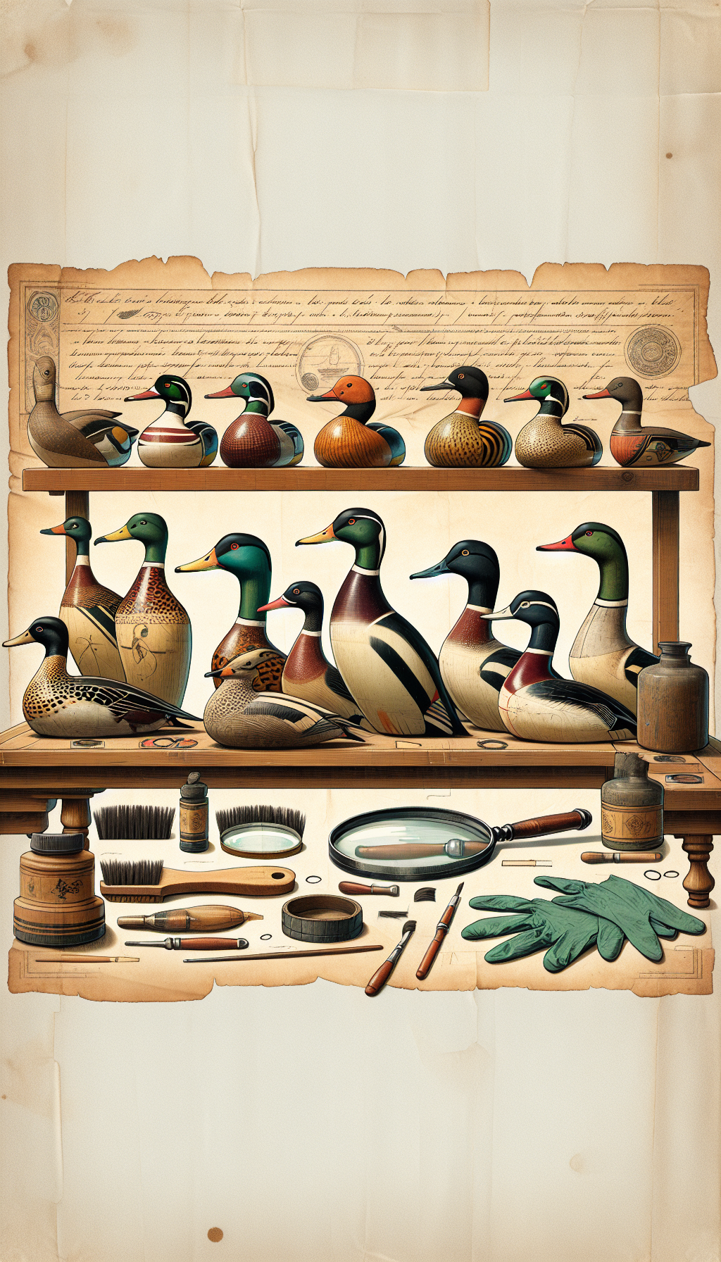 An illustration depicts an array of antique duck decoys on a wooden shelf, each with a magnifying glass overlay highlighting unique features like paint patterns, signatures, or makers' marks. Maintenance tools like brushes and archival gloves rest beside them. A faded parchment in the background lists preservation tips in elegant script, merging history with care instructions.