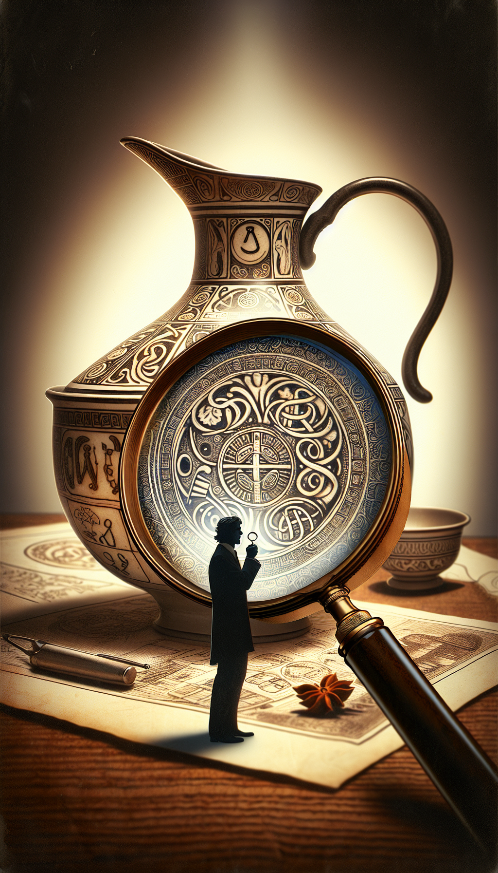 An intricate magnifying glass hovers over a vintage wash bowl and pitcher, zooming in on the maker's mark, revealing a mosaic of tiny symbols and dates woven together. A shadowy detective figure peers through the lens, a clue to the set's origins crystallizing amidst a swirl of artistic styles—an Art Nouveau flourish here, a Victorian etch there.