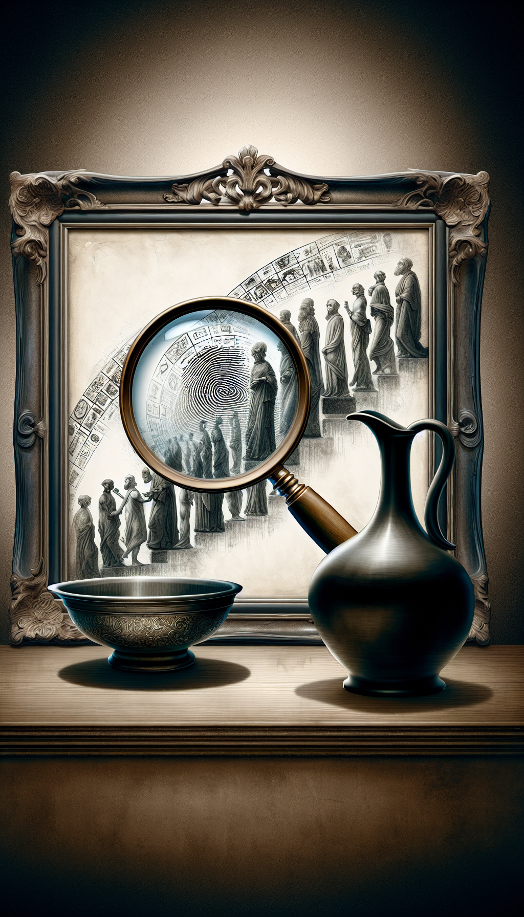 Within a frame shaped like an elegant antique mirror, a magnifying glass hovers over the intricate mark on a wash bowl and pitcher set, subtly revealing a ghosted timeline in the background that fades from past to present. The pitcher and bowl are detailed in a semi-realistic style while the timeline features faded, sketch-like historical icons, suggesting the passage of time through art styles.