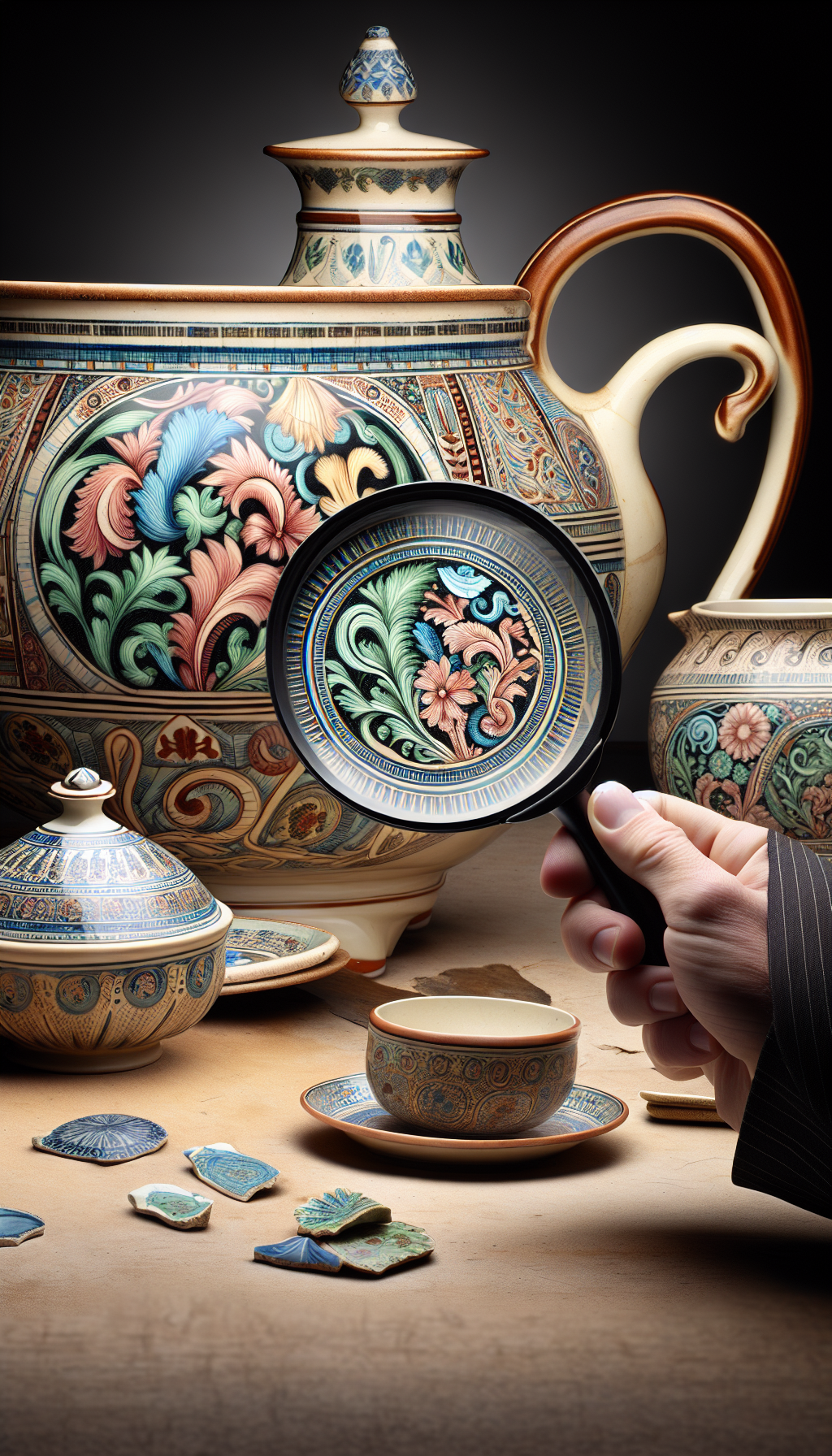 An intricately detailed illustration features a magnifying glass poised over a fragment of antique ceramic, within which a kaleidoscope of historic patterns swirls, revealing fleur-de-lis, paisleys, and Grecian borders. A washbowl and pitcher sit nearby, their faded markings coming into sharp focus under the magnifying lens, as if whispering secrets of their origins to the discerning eye.