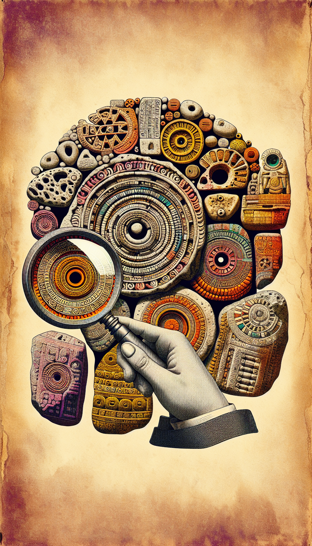 An illustration in a collage style, featuring an intricate tapestry of ancient drilled stones and Indian artifacts, with a magnifying glass held over a rock, revealing detailed inscriptions and symbols within the hole. The juxtaposition of the realistic artifact textures with the vibrant, almost cartoonish magnifying glass creates a striking visual metaphor for the process of uncovering and deciphering the past.