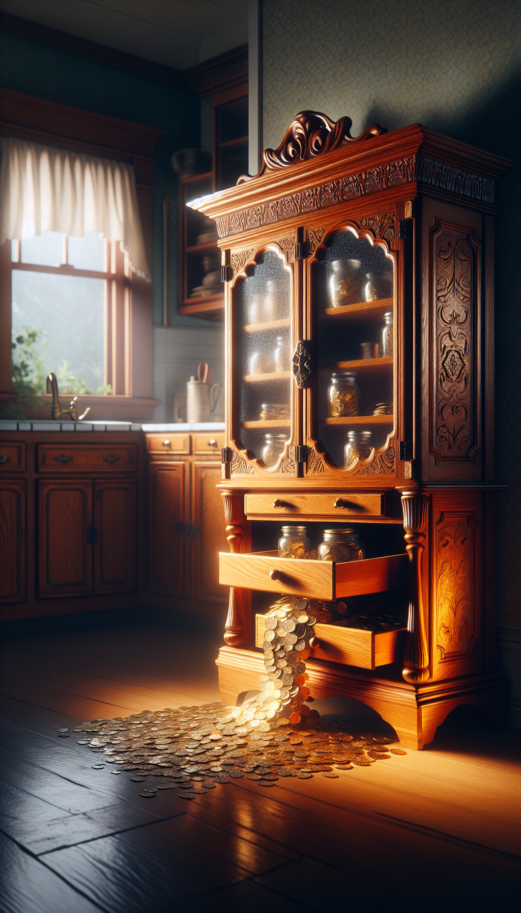 An illustration of a splendid, oak-built Hoosier cabinet standing proudly in a vintage kitchen setting, with ethereal light casting a warm glow on its intricate woodwork. The glass doors reflect visions of its storied past, while shimmering gold coins spill from its drawers, symbolizing the cabinet's enduring value to collectors and antique enthusiasts alike.