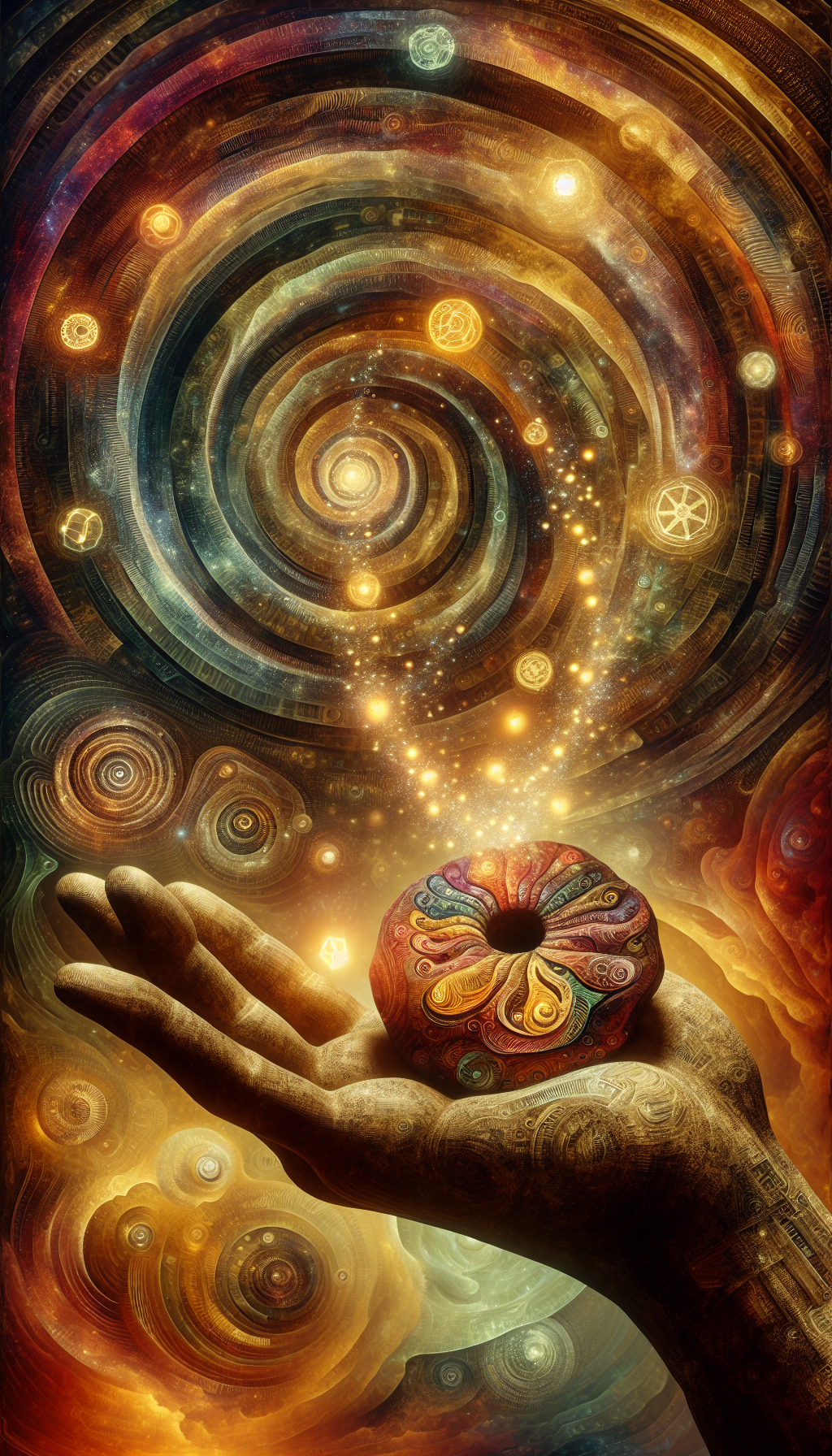 In a harmonious fusion of styles, the illustration depicts an ethereal landscape with cascading, translucent layers representing time. At the forefront, a sepia-toned hand cradles a vibrant, intricately carved Indian rock with a central hole, from which a galaxy of miniature artifacts spirals out, each glowing subtly, symbolizing their evolution from mundane tools to mystical talismans.