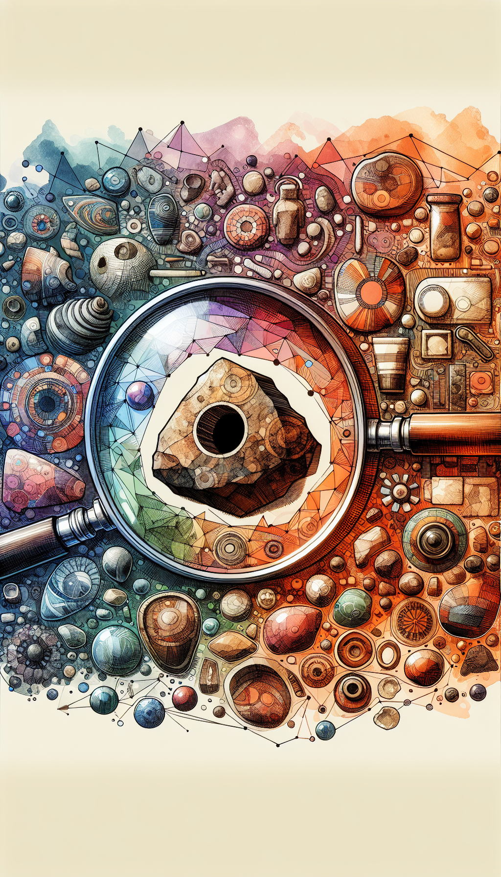 An illustration featuring a vibrant collage of fragmented Indian artifacts, with a magnifying glass centering on a rock with a perfectly round hole. Amidst the fragments, a translucent timeline flows through, with dates and methods like carbon dating and pottery analysis interwoven. Varied styles from watercolor to line art symbolize the diverse techniques in artifact identification.
