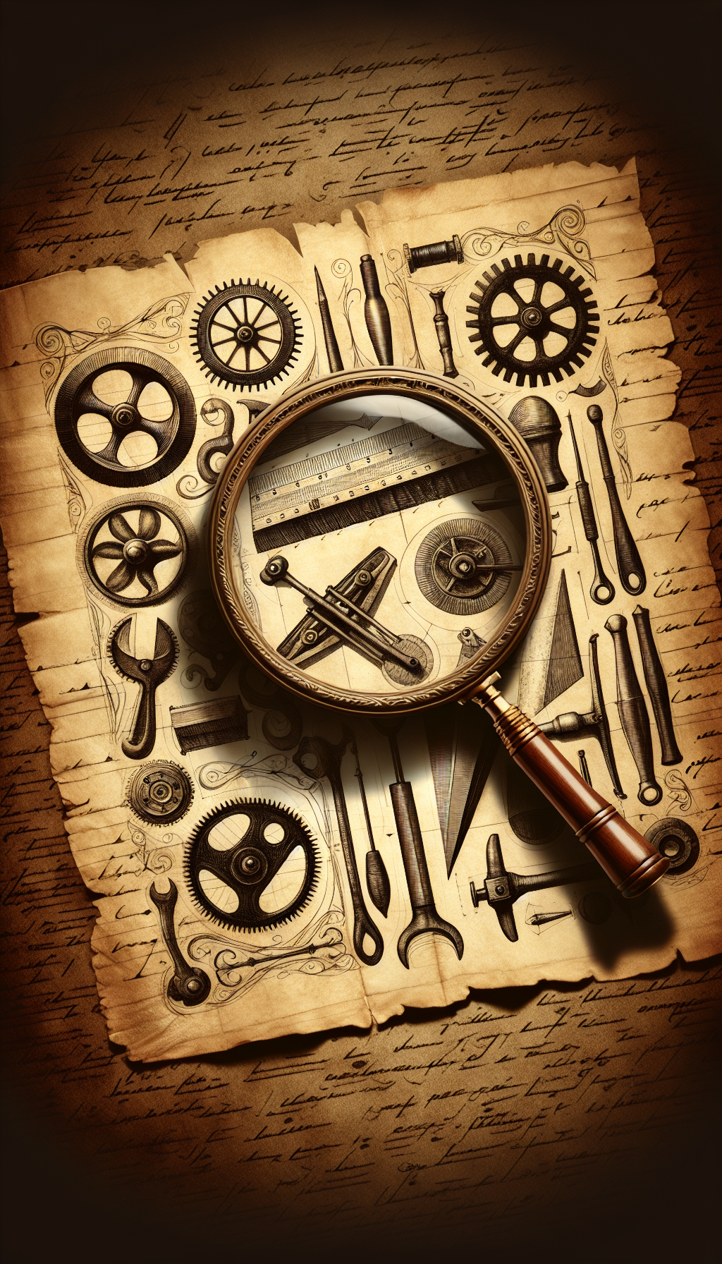 A vintage magnifying glass held over a sepia-toned parchment filled with faded sketches of enigmatic antique tools, their purposes labeled in elegant, looping script. Shadows hint at 3D silhouettes of gears, hammers, and planes, each morphing restlessly, encapsulating the mystery of their origins. The glass reveals a hidden ink splash, hinting at an incomplete discovery in an evolving detective scene.