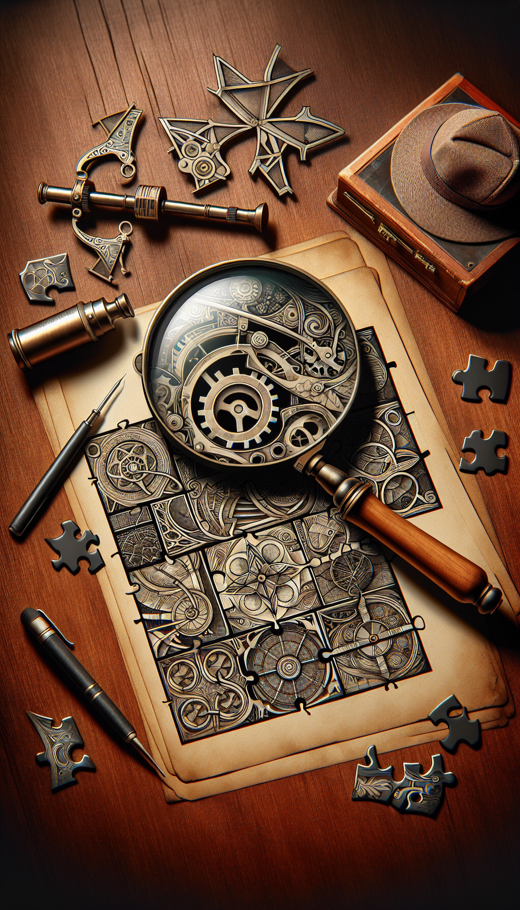 An aged detective desk, beneath a magnifying glass, a rusty object transforms into a clear, ancient tool as puzzle pieces around it fit together, revealing its origin and use. Each piece carries intricate patterns echoing various artistic styles—the juxtaposition of steampunk gears, Art Nouveau swirls, and Cubist angles—symbolizing the diverse techniques in unmasking the artifact's secrets.