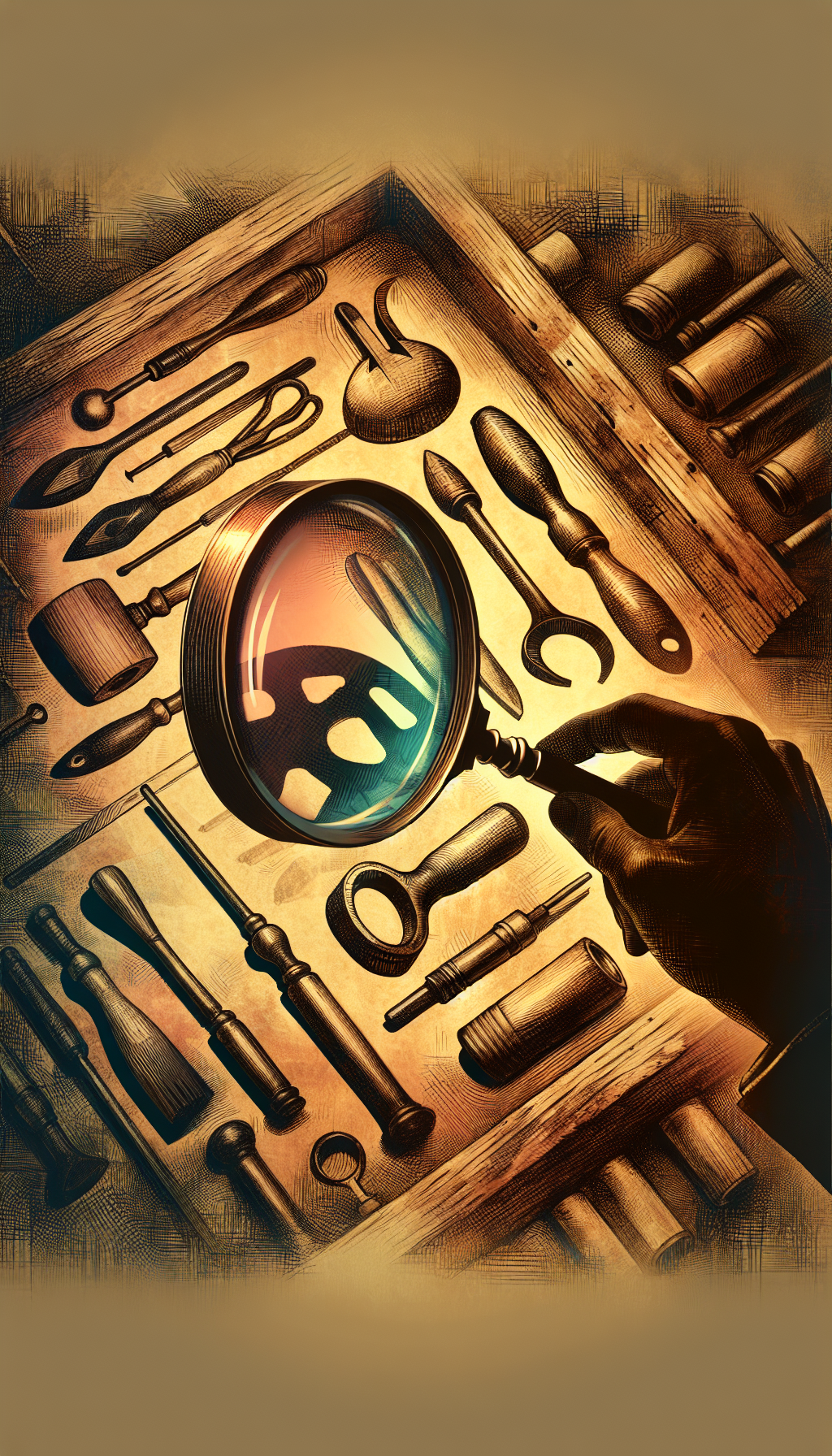 Amidst a sepia-toned workshop backdrop, a magnifying glass hovers over a diverse array of shadowy, antique tools, some partially revealed in vibrant hues, illustrating their unique features and hinting at their mysterious functions. The magnifying glass glows, symbolizing the revelation and identification of ancient craftsmanship secrets, while ghostly outlines of artisans' hands imply the bygone era of their use.