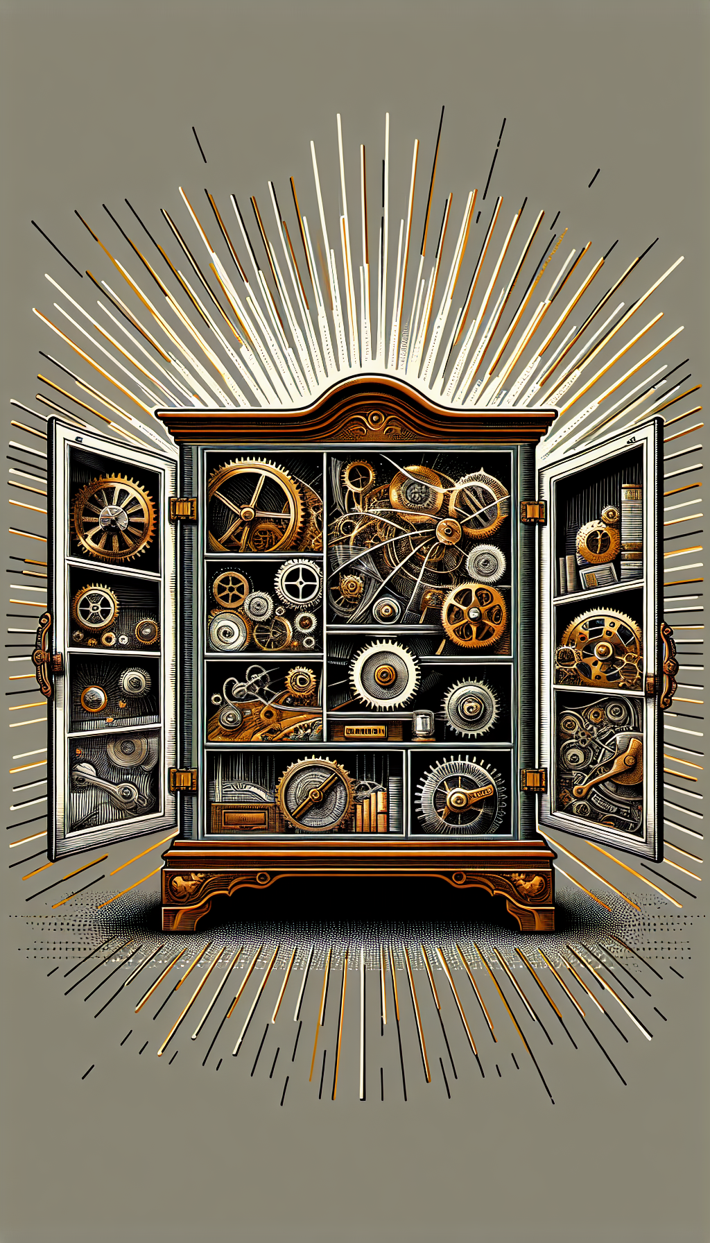 An illustration depicting a grand Hoosier cabinet with transparent sections revealing different factors like rarity, condition, and history as whimsical gears and cogs inside it, with rays of light (indicating value) shining out from the cabinet. The styles of the gears range from steampunk to art deco, symbolizing the diverse influences on the cabinet's value.