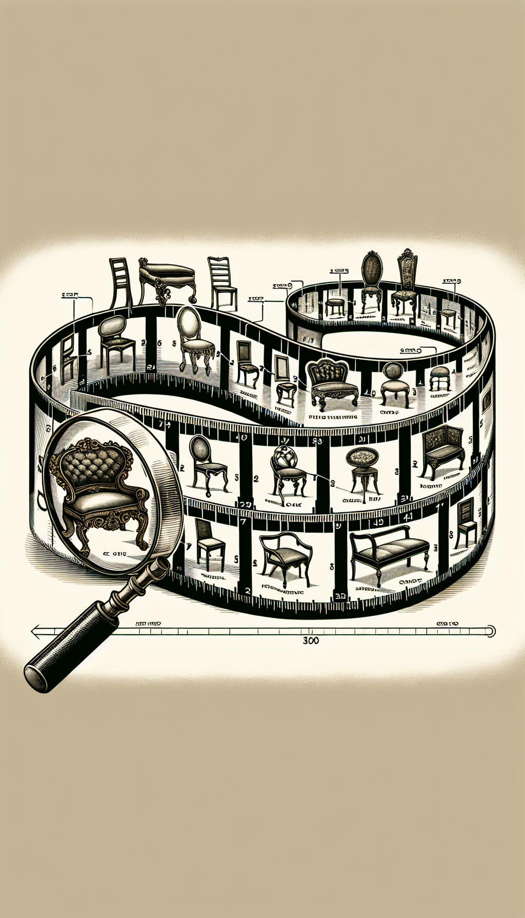 An illustrated timeline unfurls as a tape measure, each increment marking a distinct antique chair style corresponding to its era. A magnifying glass hovers over the timeline, symbolically "decoding" features like leg silhouettes, back shapes, and ornate carvings that distinguish each period, from Baroque to Art Nouveau, transforming the art of identification into a visual journey through the history of chair design.