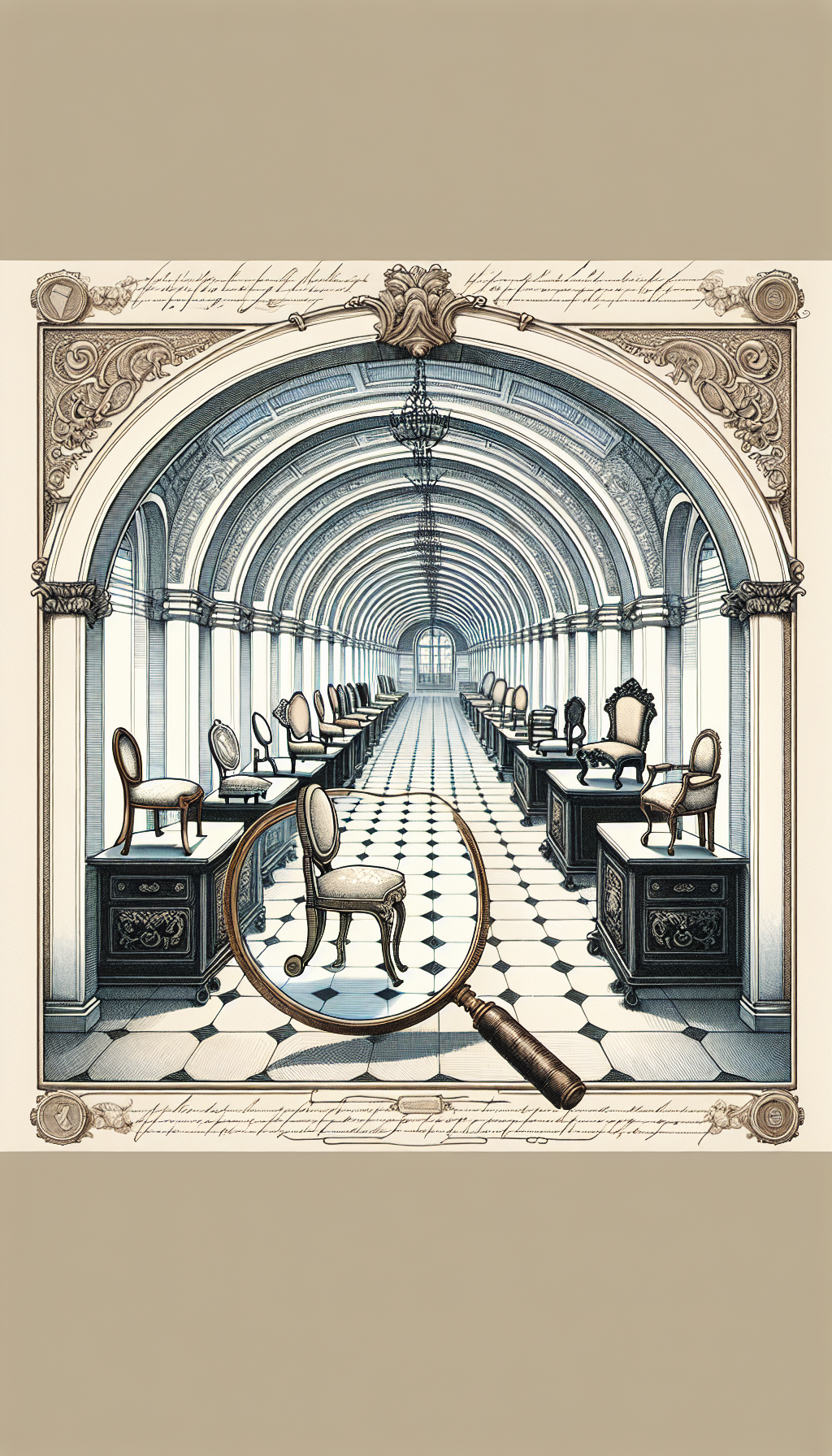 The illustration depicts a grandiose hallway with a sequence of archways, each framing a chair from a distinct era. Flowing from Rococo's ornate asymmetry to Regency's refined lines, each arch progressively transforms, capturing the essence of the period's style. A magnifying glass hovers over each chair, symbolizing the identification process, with stylistic annotations adorning the borders like an antique collector's meticulous notes.