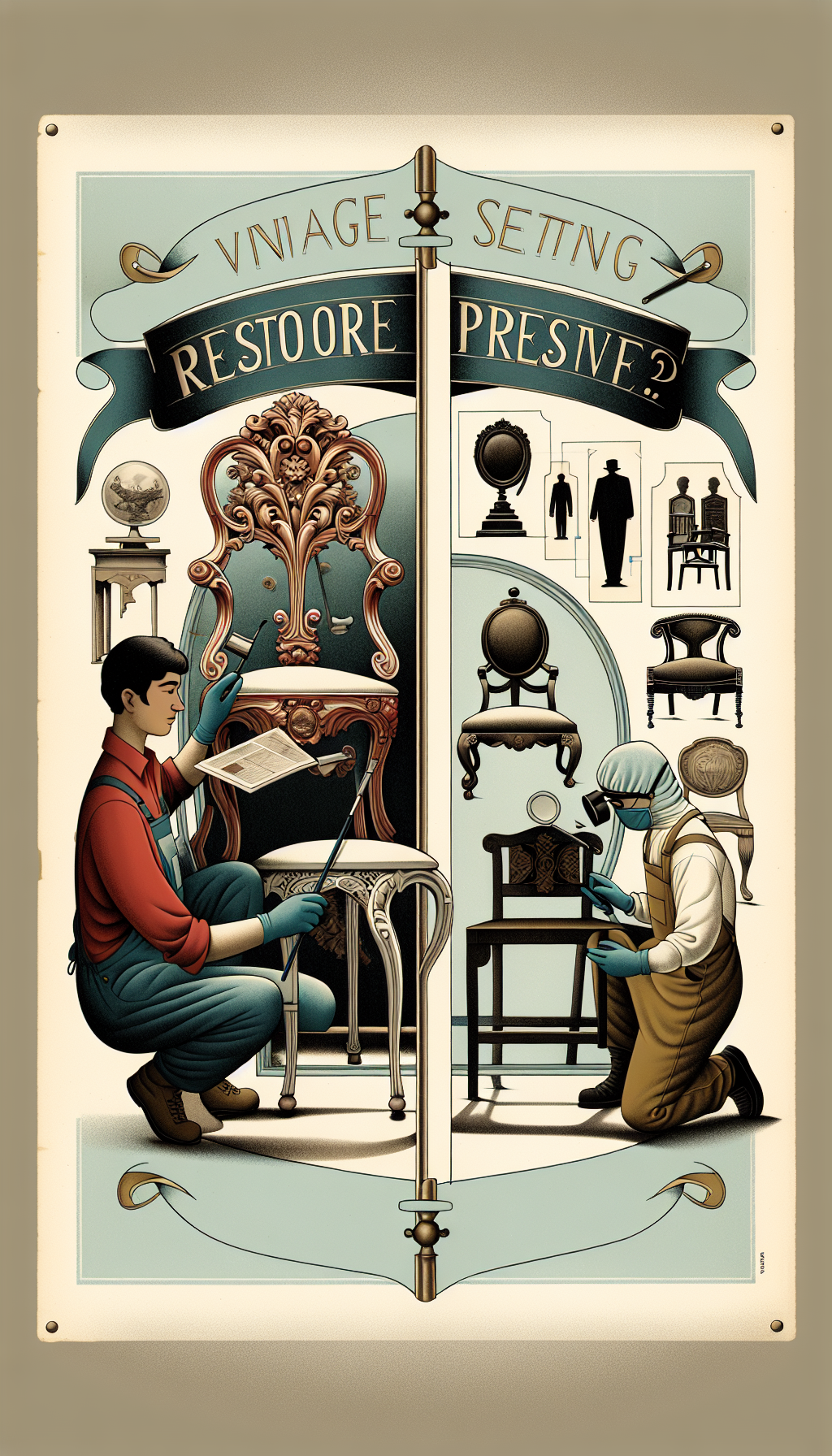 An elegant illustration splits the scene in half; on the left, a restorer delicately repaints a Rococo-style chair, its opulent curves and ornamentation being revived. On the right, under a gentle light, a conservator in gloves meticulously examines a Chippendale chair with a magnifying glass, ensuring its original state is preserved. A floating banner above reads, "Vintage Seating: Restore or Preserve?" with silhouettes of distinct chair backs framing the sides, subtlety hinting at an educational guide to identifying antique styles.
