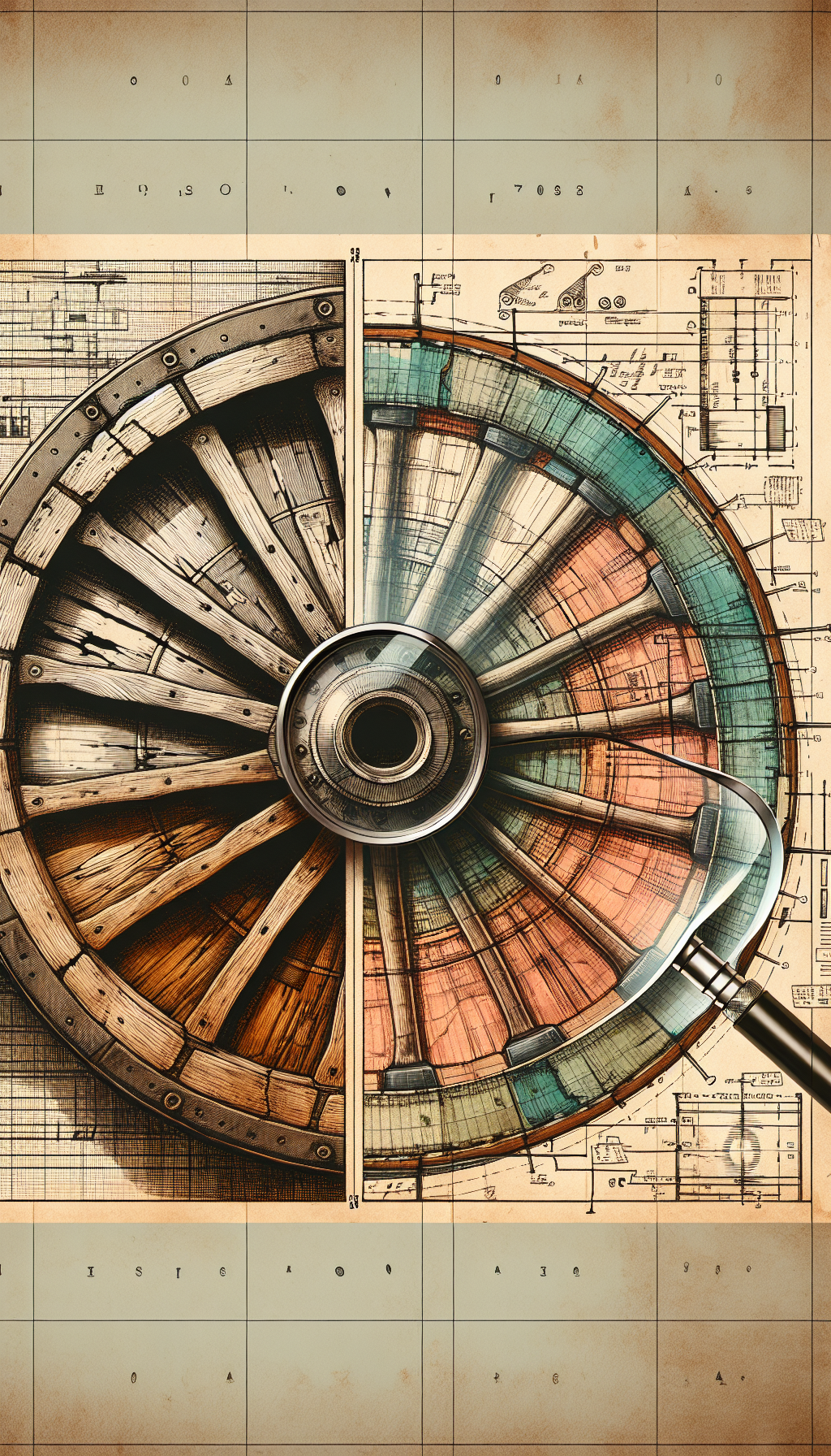 An intricate cross-section of a vintage wagon wheel—half in detailed line art, half in watercolor. The line art meticulously outlines the wood grain, metal rim, and hub structure, while the watercolor side, with a magnifying glass overlay, highlights patina and wear marks. A faded blueprint background with annotations intimates identification points and the craftsmanship timeline.