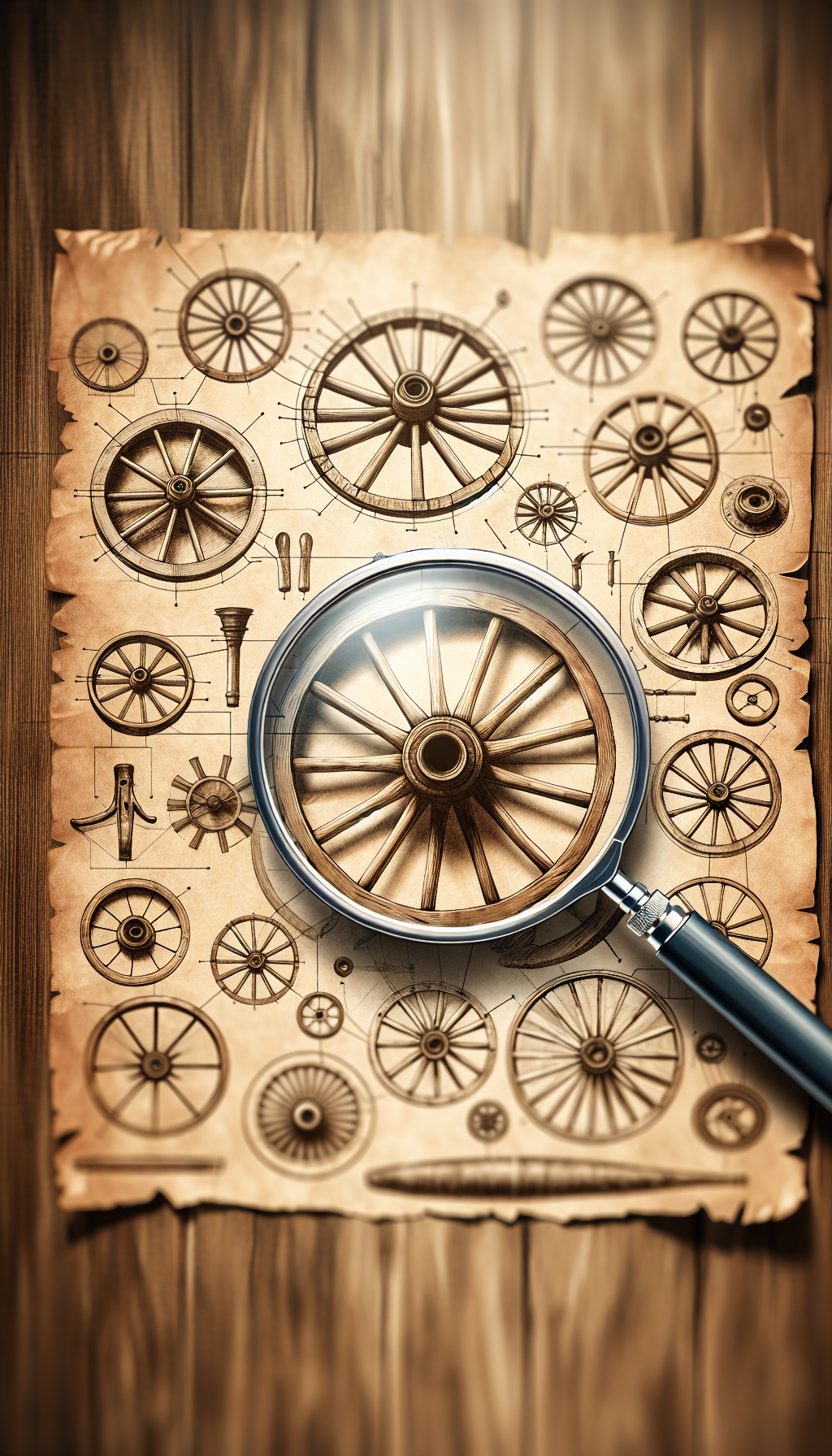 An illustration depicts an exploded view of an antique wagon wheel, with labeled parts floating against a parchment backdrop. A magnifying glass looms over, highlighting unique craftsmanship on the spokes, while a ghosted image of a modern wheel contrasts in the background, subtly guiding observers to spot the differences and identify historic traits in wagon wheel design.