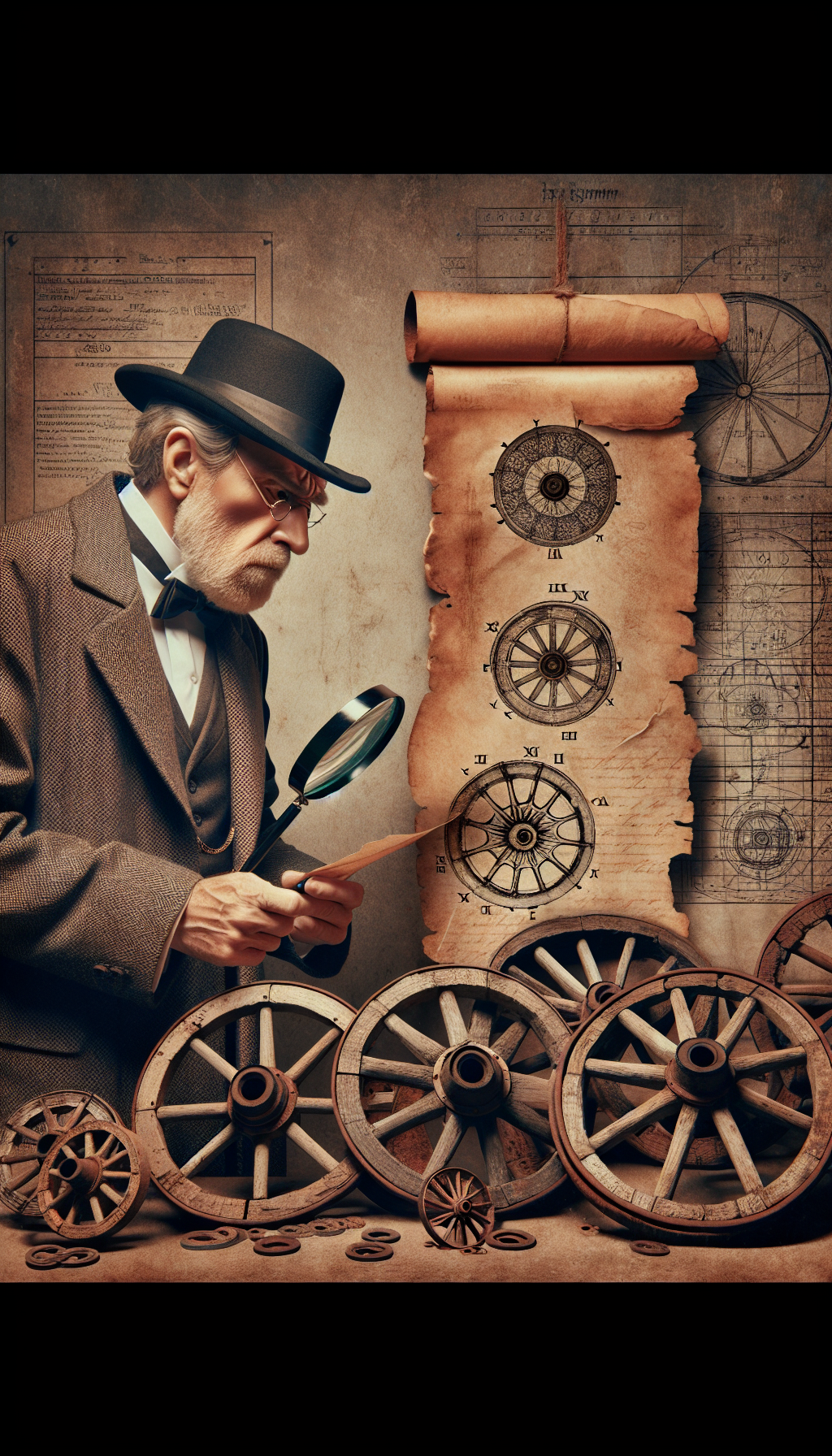 An old-fashioned detective in Victorian attire examines a lineup of antique wagon wheels with a magnifying glass, each wheel leaving a unique trail pattern on a dusty ground below. A scroll unfurls beside him bearing the marks "XVIII," "XIX," and "XX," symbolizing the centuries, while faded blueprints and maps adorn the background to allude to their origins.
