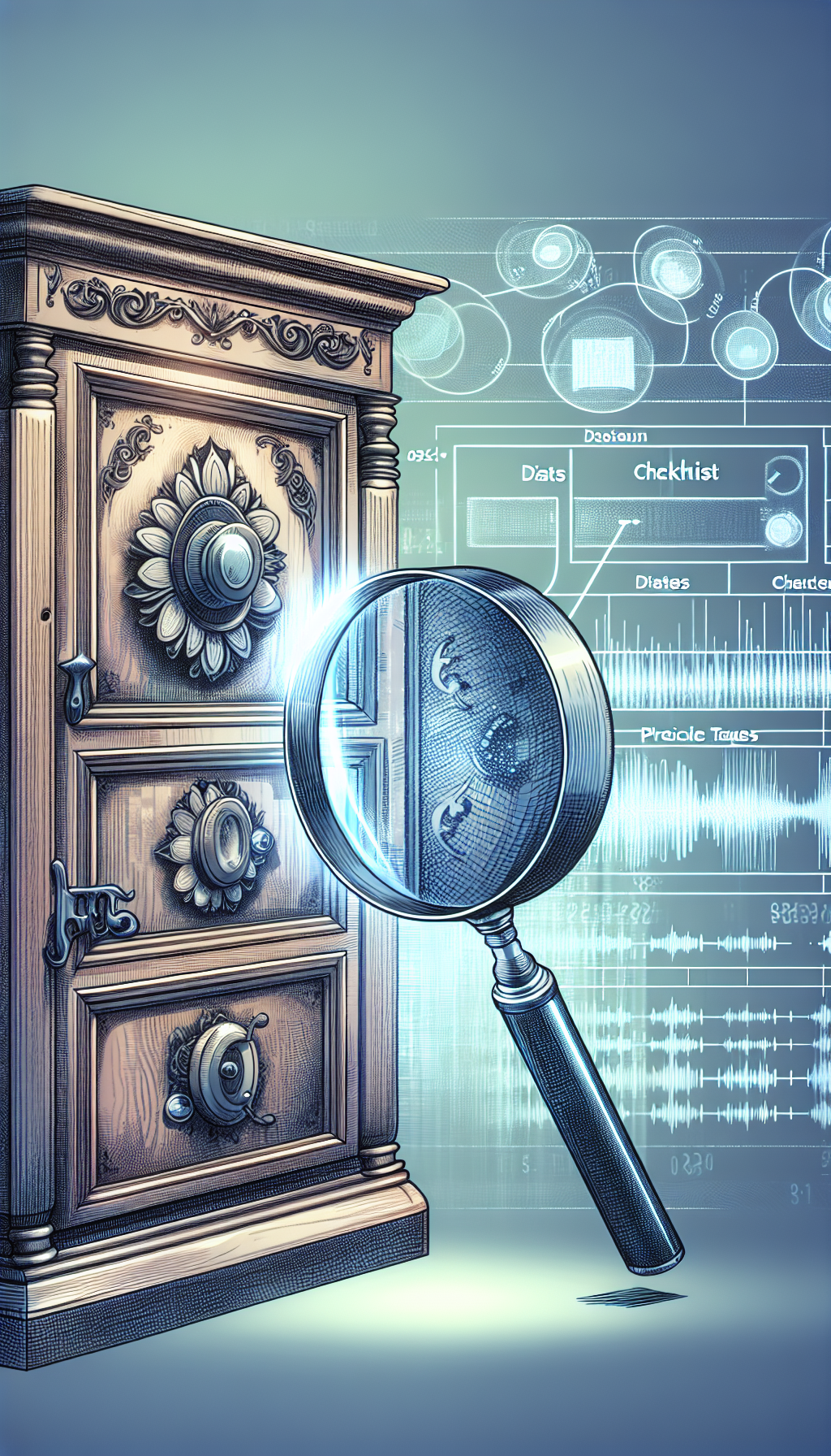 An illustration features a magnifying glass hovering over the distinctive metal nameplate of an ornate Hoosier cabinet, with dates and a checklist inscribed in the lens, symbolizing the verification process. The cabinet radiates a soft glow, indicating its value, while faint price tags and historical timelines float in the background, merging styles of vintage etching and modern clean lines to represent past and current significance.