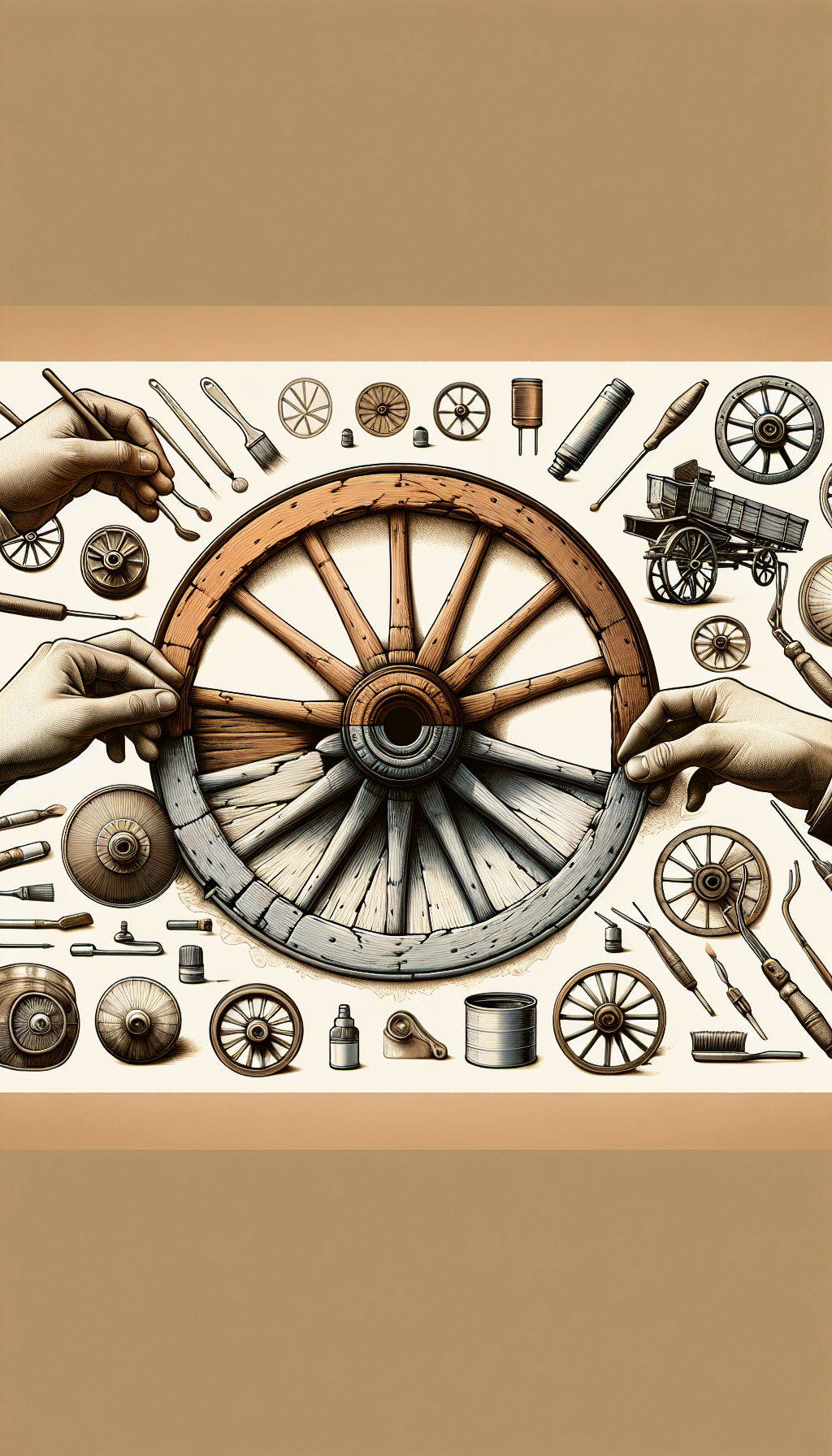 An illustration depicts a pair of hands gently cradling an antique wagon wheel, with one side brightly restored and the other weathered. Around the wheel, semi-transparent outlines of various vintage wheels float as if in identification comparison, while delicate tools and a protective varnish can lie nearby. The styles alternate between photo-realism for the hands and wheel, and line art for the floating outlines.