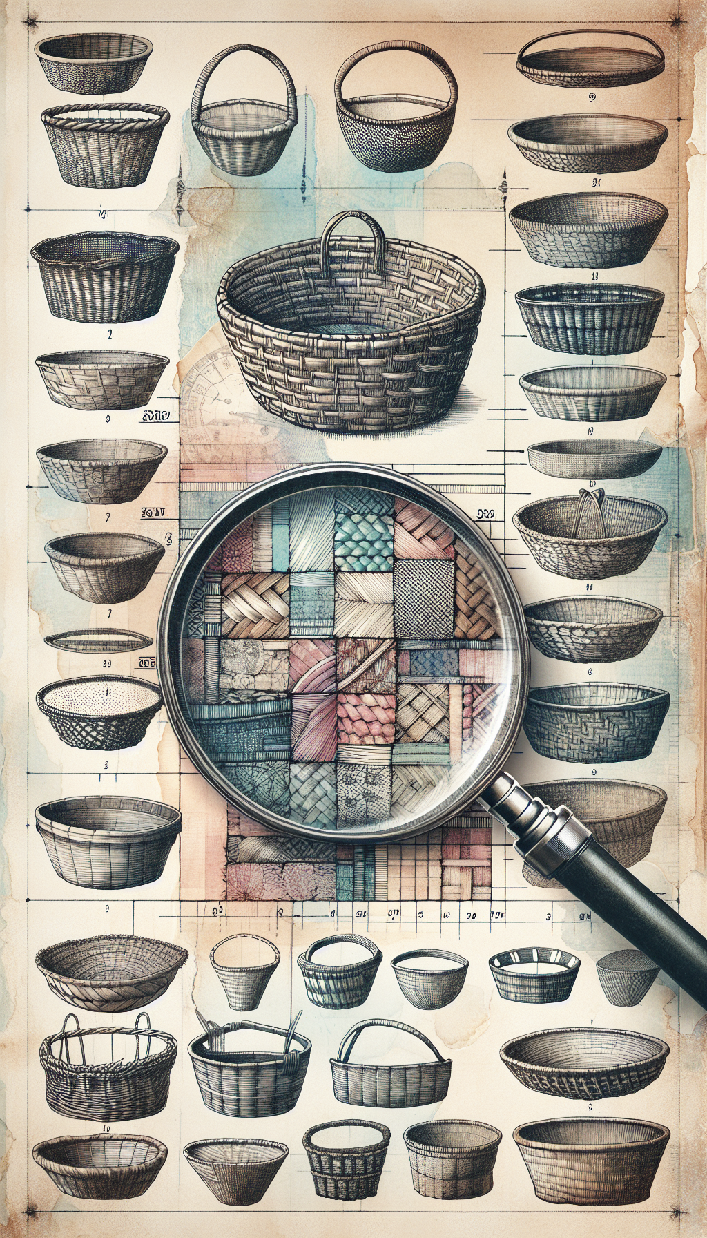 A whimsical collage-style illustration showcases a magnifying glass hovering over a patchwork of baskets, each sporting a distinct weave pattern and patina. Within the magnifying circle, sketched details jump out: faded color hints and frayed edges, while timestamps and subtle visual clues adorn the borders, guiding the viewer's eye in determining the vintage of each antique basket.