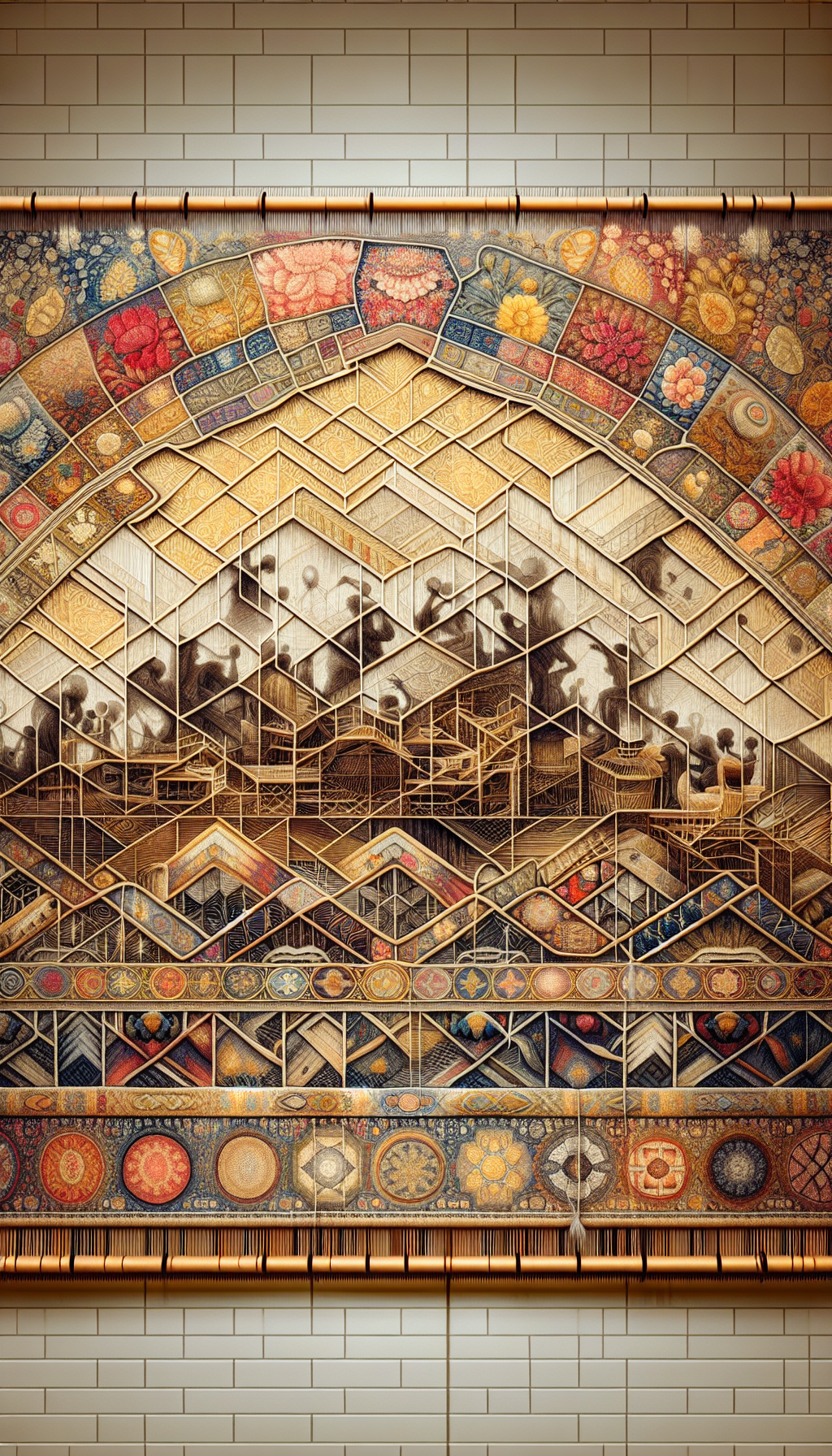 An intricate tapestry forms the backdrop, with geometric and floral weaving patterns emerging from an antique basket. Within these textures, ghostly outlines of weavers appear, almost as watermarks, suggesting the timeless craftsmanship. Each segment subtly transitions in style—from realistic to abstract, from Impressionist strokes to Cubist angles—symbolizing the evolution of weaving and the detective work in identifying historical baskets.