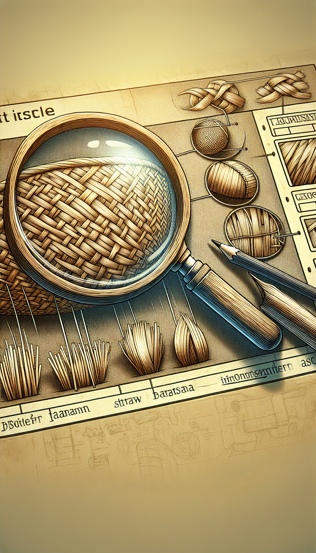 An illustration that merges a magnifying glass peering into the intricate weave of an antique basket with fibers transforming into informative tags, labeling the materials such as "wicker," "straw," and "bamboo." These tags subtly morph into a timeline beneath the basket, hinting at historical periods and styles, aiding identification. The image seamlessly blends photorealistic textures with hand-drawn historical motifs.