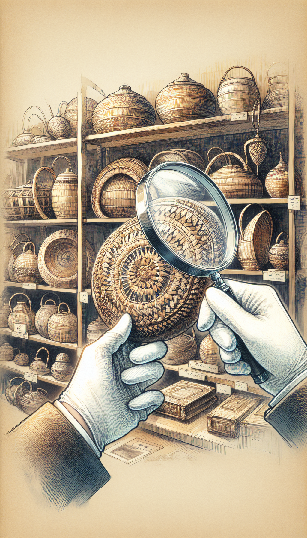 A delicate hand, gloved in white, gently holds an intricately woven basket under a magnifying glass, highlighting unique patterns and aged fibers. Shelves of varied baskets line the background, with labels denoting their origins and eras. Soft, watercolor tones blend with crisp, sketched outlines, juxtaposing the baskets' antique nature against the modern act of appraisal and care.
