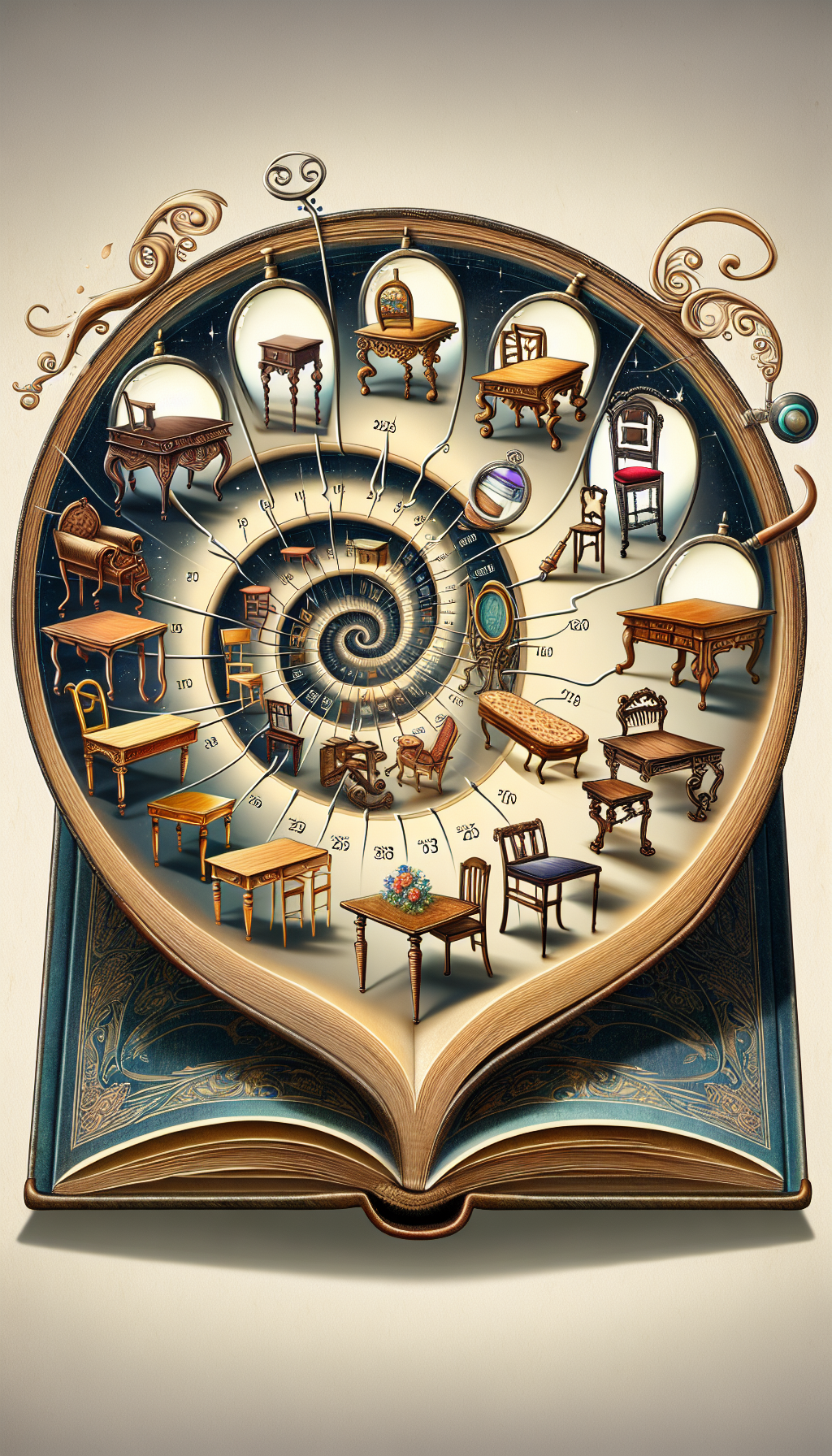 A whimsical illustration depicts a stream of various antique dining tables flowing from an open, ornate storybook. Each table, from Victorian to Art Deco, progressively transitions in style along a spiral timeline that loops around an hourglass. A magnifying glass hovers above, highlighting the distinct features that pinpoint their historical periods, seamlessly blending education with visual enchantment.