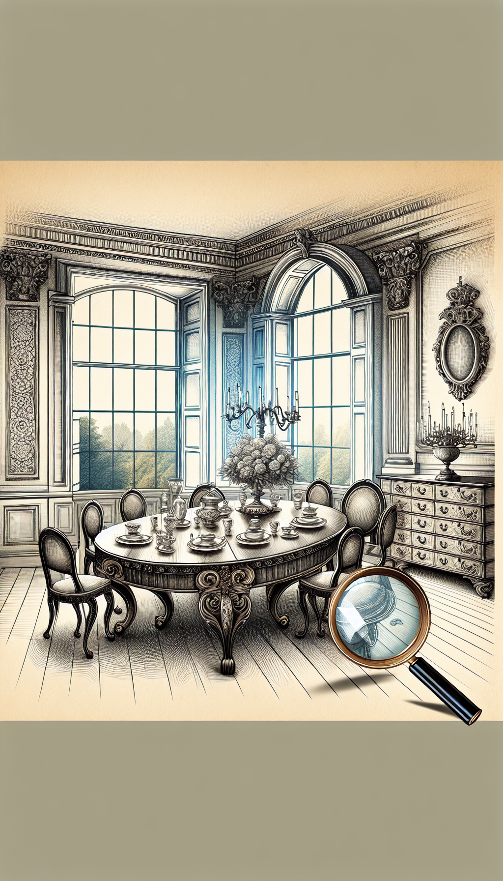 An illustration of an ornate Georgian dining room, its walls adorned with intricate moldings and a large, sash window revealing a classical landscape. Central to this is an exquisite antique dining table with claw-foot detailing, set with period silverware and porcelain. A magnifying glass hovers above, highlighting the table's unique features, symbolizing the identification of its 18th-century elegance and style.