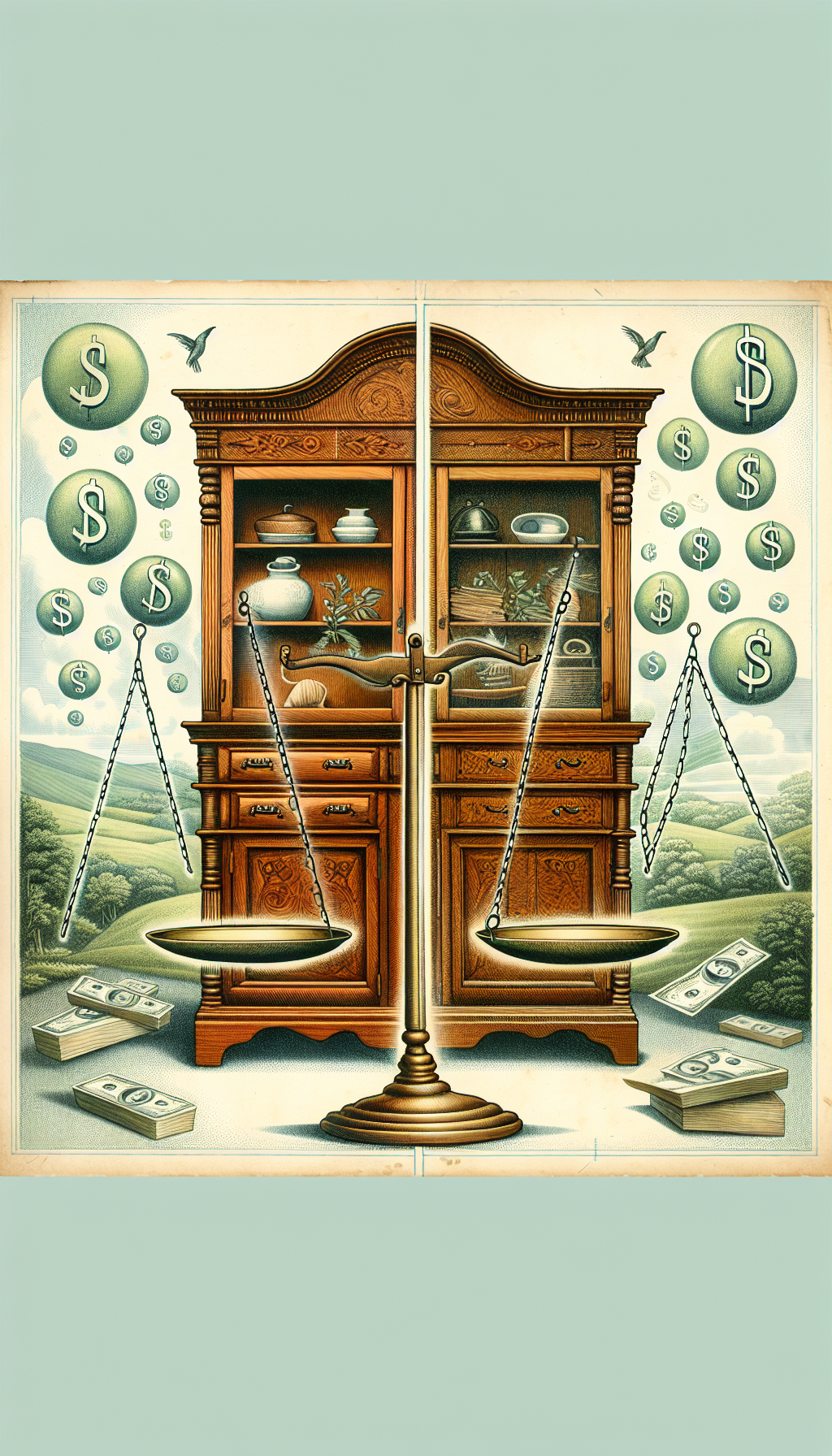An illustration split in two: on the left, a pristine, untouched Hoosier cabinet showing signs of age and patina; on the right, the same cabinet, meticulously restored to its former glory. Dollar signs and question marks hover above, while a balance scale in the middle weighs 'original condition' against 'restoration', symbolizing the debate over the cabinet's value.