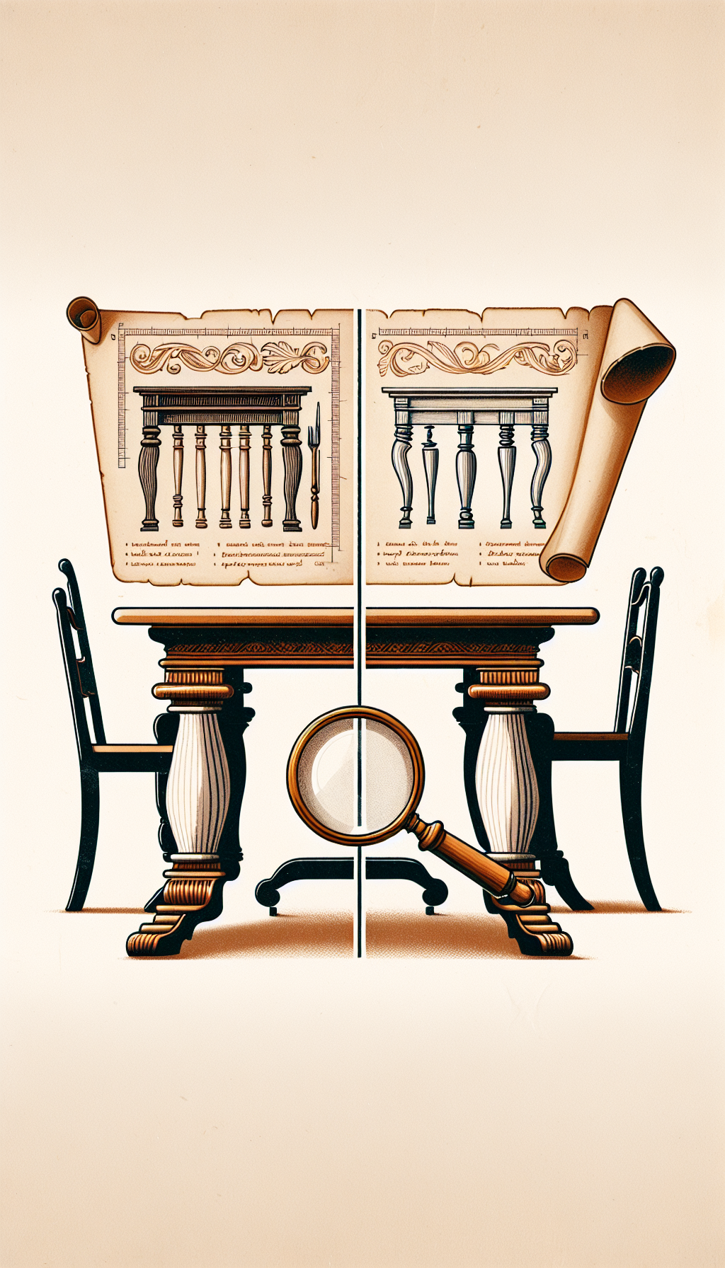 The illustration depicts a half Federal, half Regency-style dining table, where one side showcases the clean, neoclassical lines of a Federal table and the other side exudes the bold, curving Regency elegance. Atop the table, an antique magnifying glass hovers, focusing on the distinct leg styles, with a subtle scroll identifying key features and woodwork intrinsic to each era's design aesthetic.