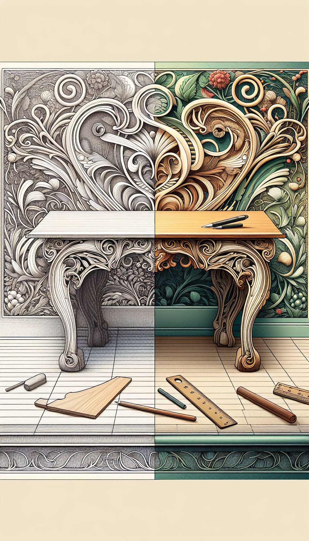 An illustration showcasing half of an ornate Art Nouveau table with intricate floral carvings gently morphing into a minimalist Shaker-style table with clean lines and functional form. On the Nouveau side, a magnifying glass hovers, highlighting details, while on the Shaker half, a ruler rests, underscoring simplicity. The background subtly transitions from elaborate patterns to solid, muted colors.