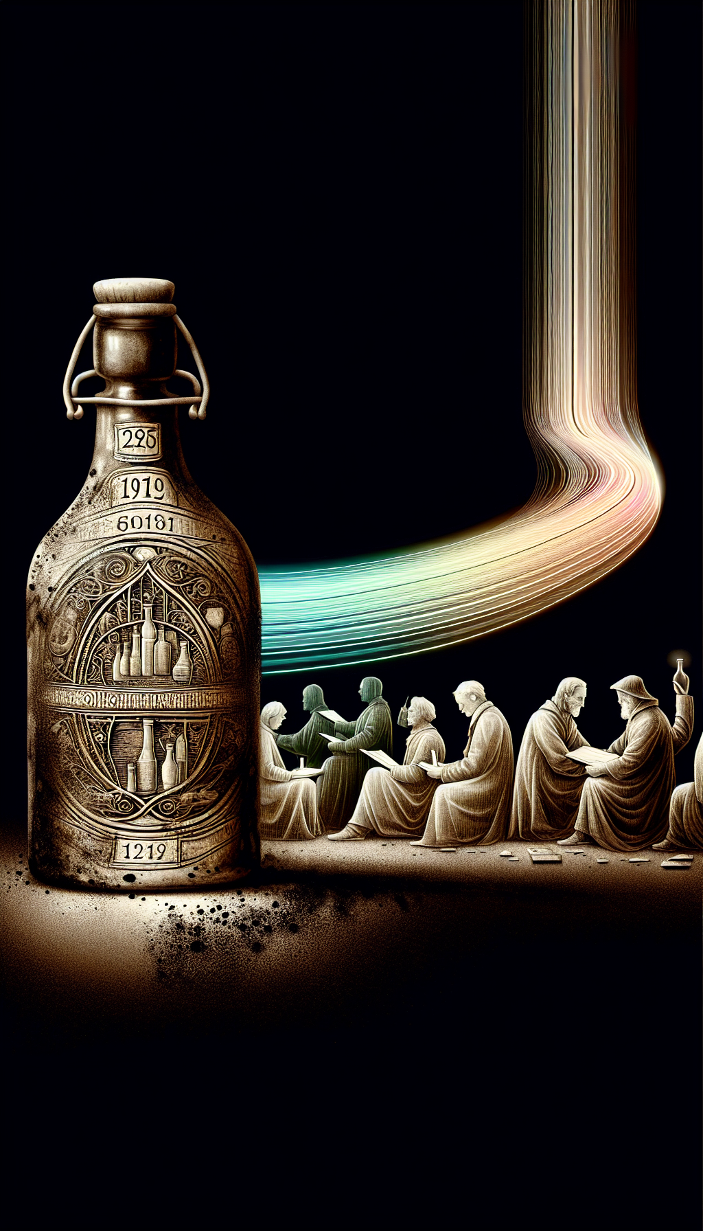 An illustration featuring an aged, partially buried glass bottle with intricate embossing, revealing historical labels and makers' marks that morph into a timeline unfurling into the distance. Accompanying the timeline are ghostly images of people from different eras examining the bottle, symbolizing the evolution of identification methods, with each figure representing a distinct artistic style from their respective periods.