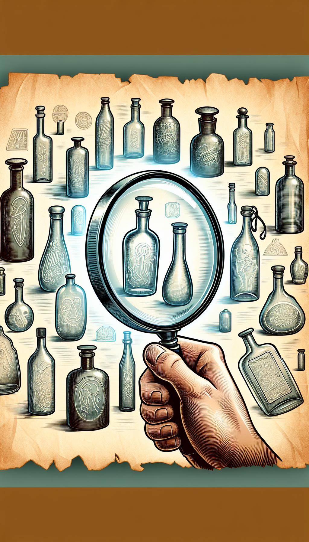 An illustration depicts a magnifying glass hovering over an array of antique bottles, with various translucent 'ghost' marks rising and gleaming beneath the lens, hinting at their origins. Each mark, styled distinctly—from etched cursive to block print—symbolizes the diversity of identification clues amidst a background resembling aged parchment, suggesting a historical treasure map for bottle enthusiasts.