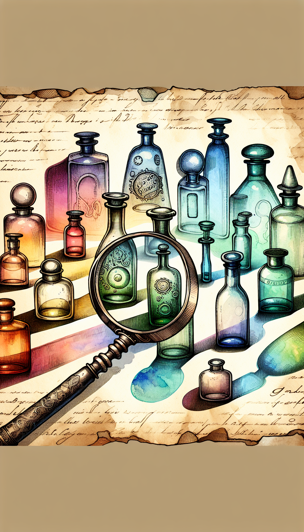 A whimsically arranged cluster of translucent glass bottles of varying shapes and eras, with a magnifying glass focusing on a distinct bottle, highlighting the embossed markings and date. The bottles, tinted in subtle hues, cast colorful shadows on an ancient-looking parchment labeled "Time Capsules in Glass," blending line art, watercolor washes, and stippling for texture and depth.