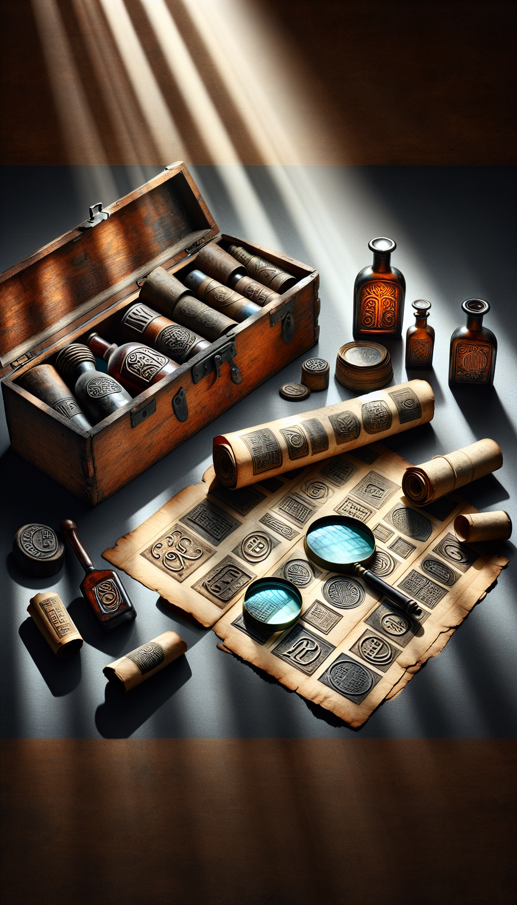 An antique wooden toolbox spills open, revealing vintage magnifying glasses, an aged book on bottle markings, rolled scrolls with maker's marks illustrations, and old bottles with distinct embossed symbols glimmering under a shaft of light. Each tool casts a unique shadow, which whimsically transforms into clear, identifiable marks, symbolizing the fusion of research and discovery in vintage bottle identification.