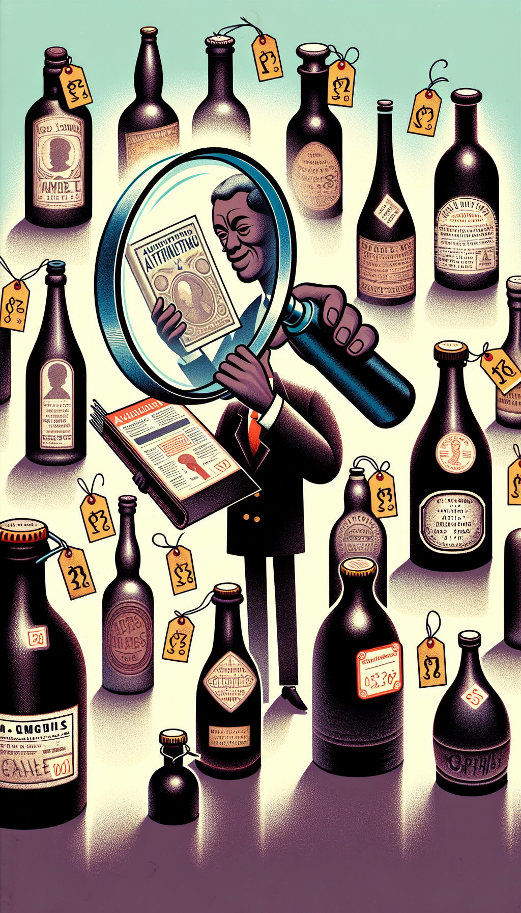An illustration featuring a magnifying glass revealing hidden marks on a collection of vintage bottles, each with a distinct style—etched, stamped, or paper-labeled. Some bottles cast shadowy price tags, while a character depicted as a seasoned collector holds a guidebook visibly titled "Authenticating & Valuing," with notes and question marks floating around, symbolizing the research process.