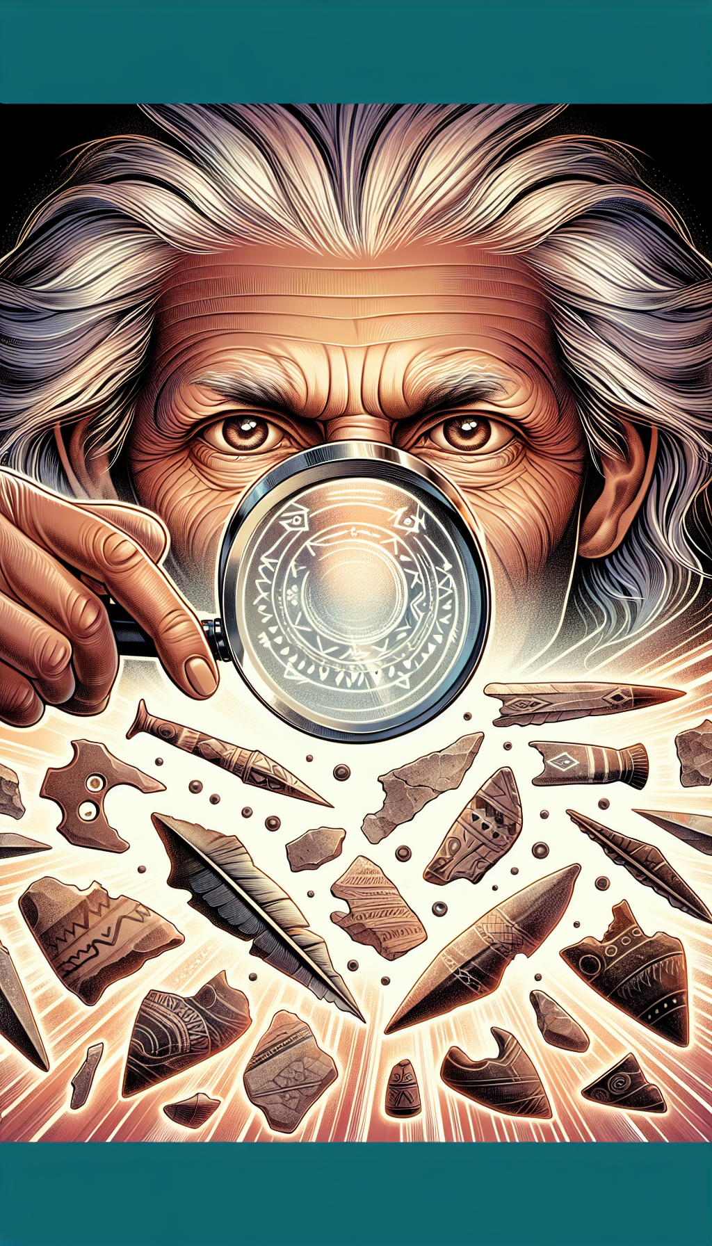 An illustration showcasing a Native American elder holding a magnifying glass over a spread of diverse artifacts: arrowheads, pottery shards, and woven baskets. Each artifact is encircled by radiant, translucent outlines signifying identification, accompanied by faint glyphs representing their cultural significance. The elder's eyes gleam, reflecting the artifacts’ history, infusing the scene with a sense of discovery and reverence.