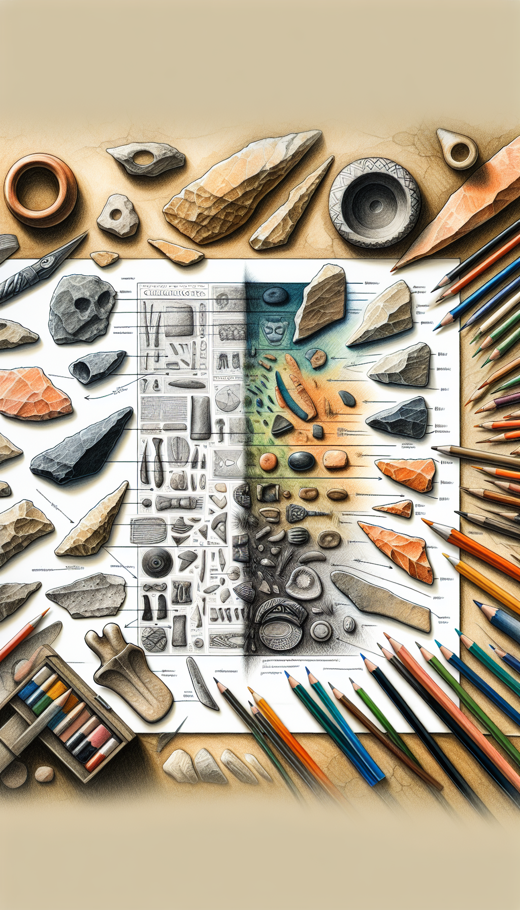 An illustration depicts an archaeologist's worktable, layered in translucent, watercolor textures. Half of the table showcases finely-detailed, sketched stone tools and pottery shards, radiating lines to annotations revealing their functions. The other half presents vibrant, colored-pencil depictions of the whole artifacts, matched with their cultural symbols, aiding in identification—a visual bridge between past utility and present discovery of Native American relics.