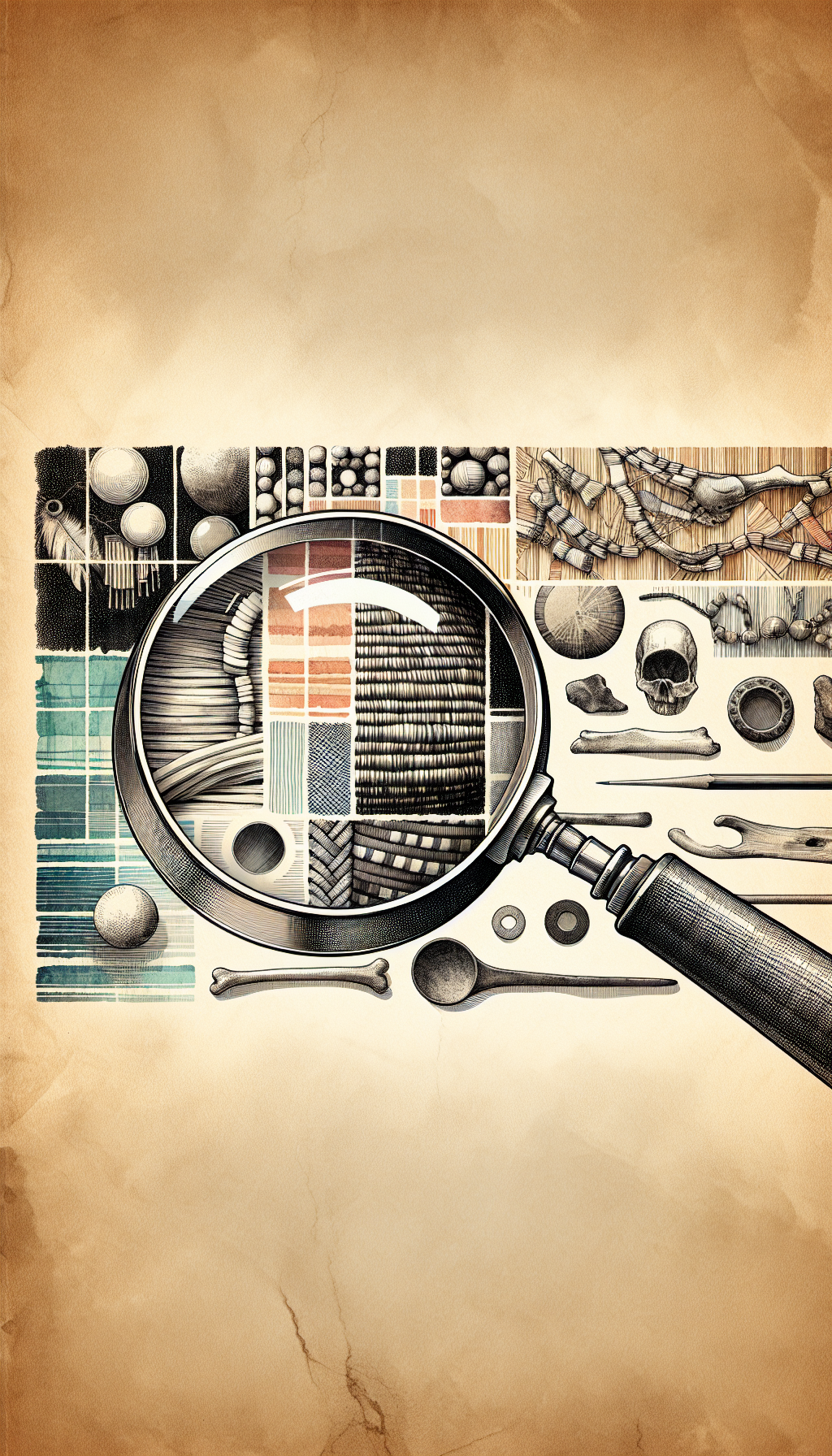 An intricate illustration fuses a segmented backdrop, each part flaunting a distinct art style—a watercolor wash for delicate beads, charcoal shading for ancient bones, and woven textures for native baskets. At the forefront, a magnifying glass hovers, its lens revealing a detailed cross-section of the artifacts, symbolizing the meticulous identification process of Native American cultural treasures.